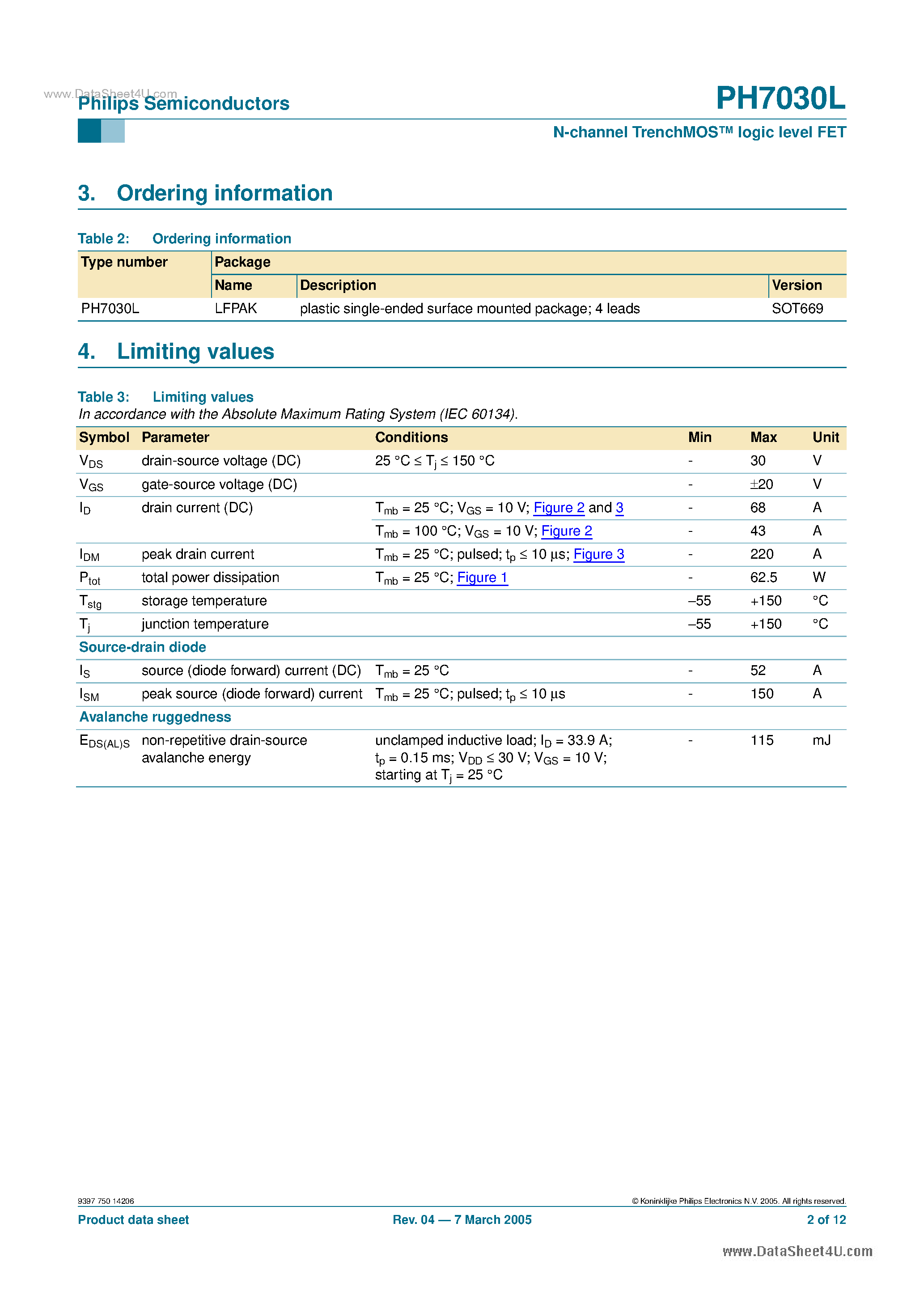 Datasheet PH7030L - N-channel TrenchMOS logic level FET page 2