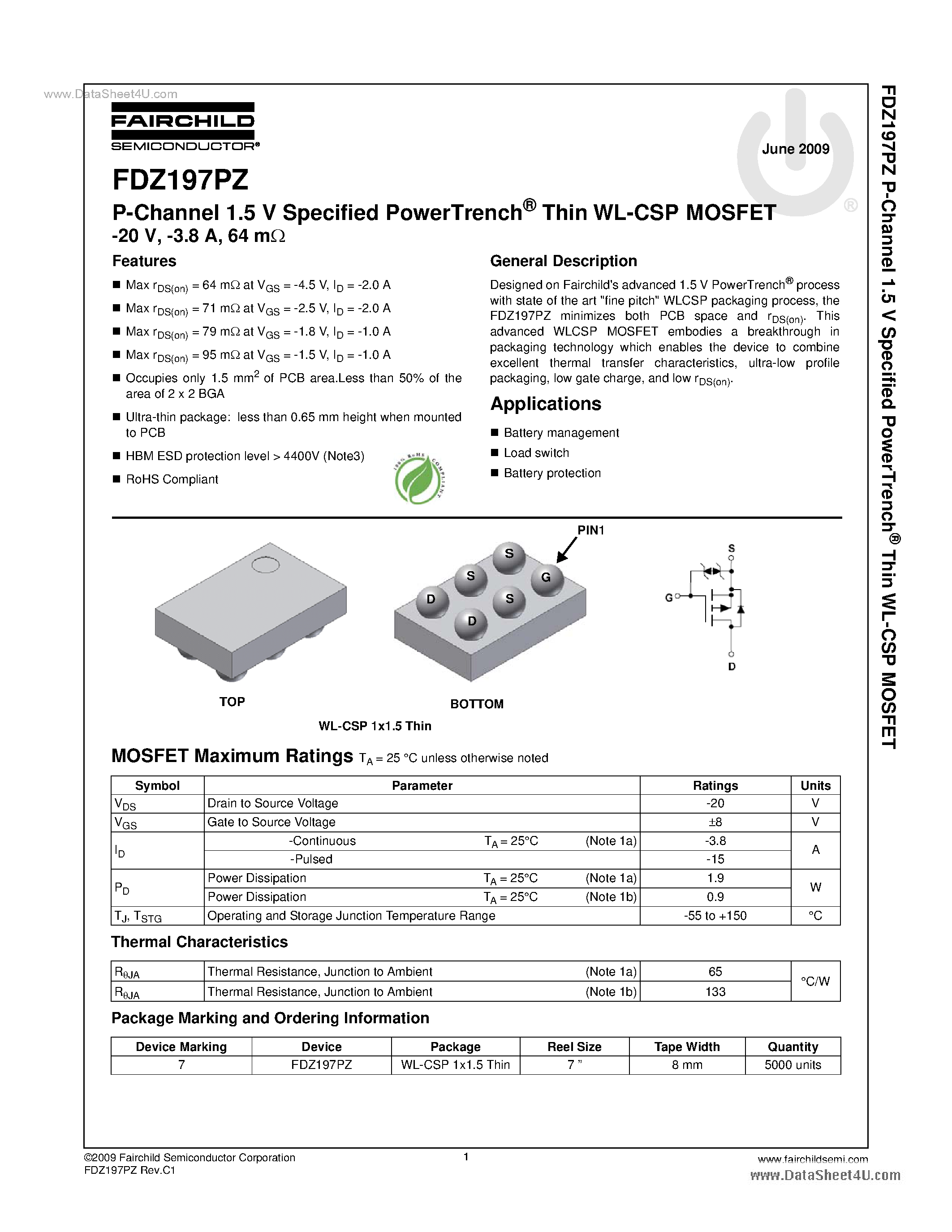 Даташит FDZ197PZ - -20V P-Channel 1.5V Specified PowerTrench Thin WL-CSP MOSFET страница 1