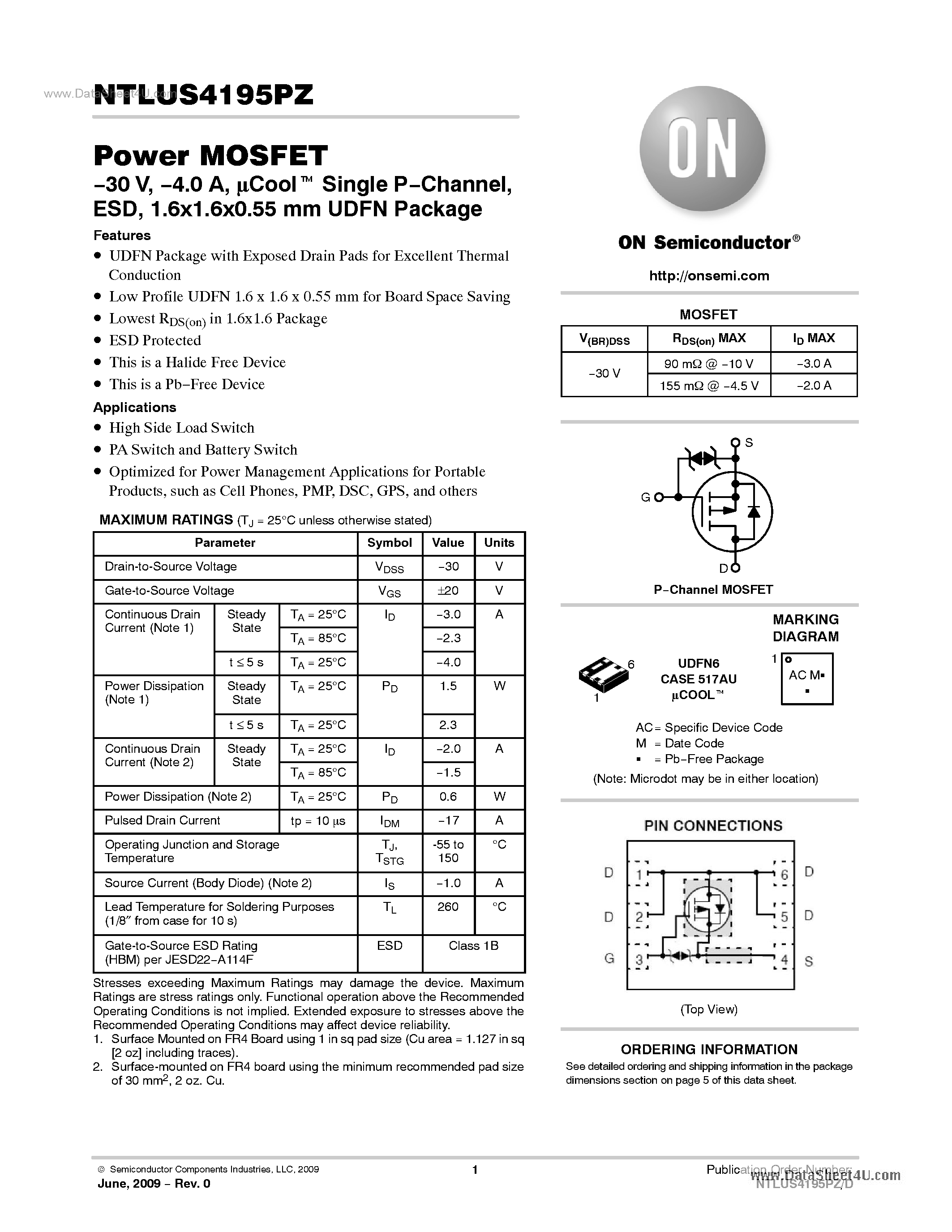 Даташит NTLUS4195PZ - Single P-Channel 30 V MOSFET страница 1