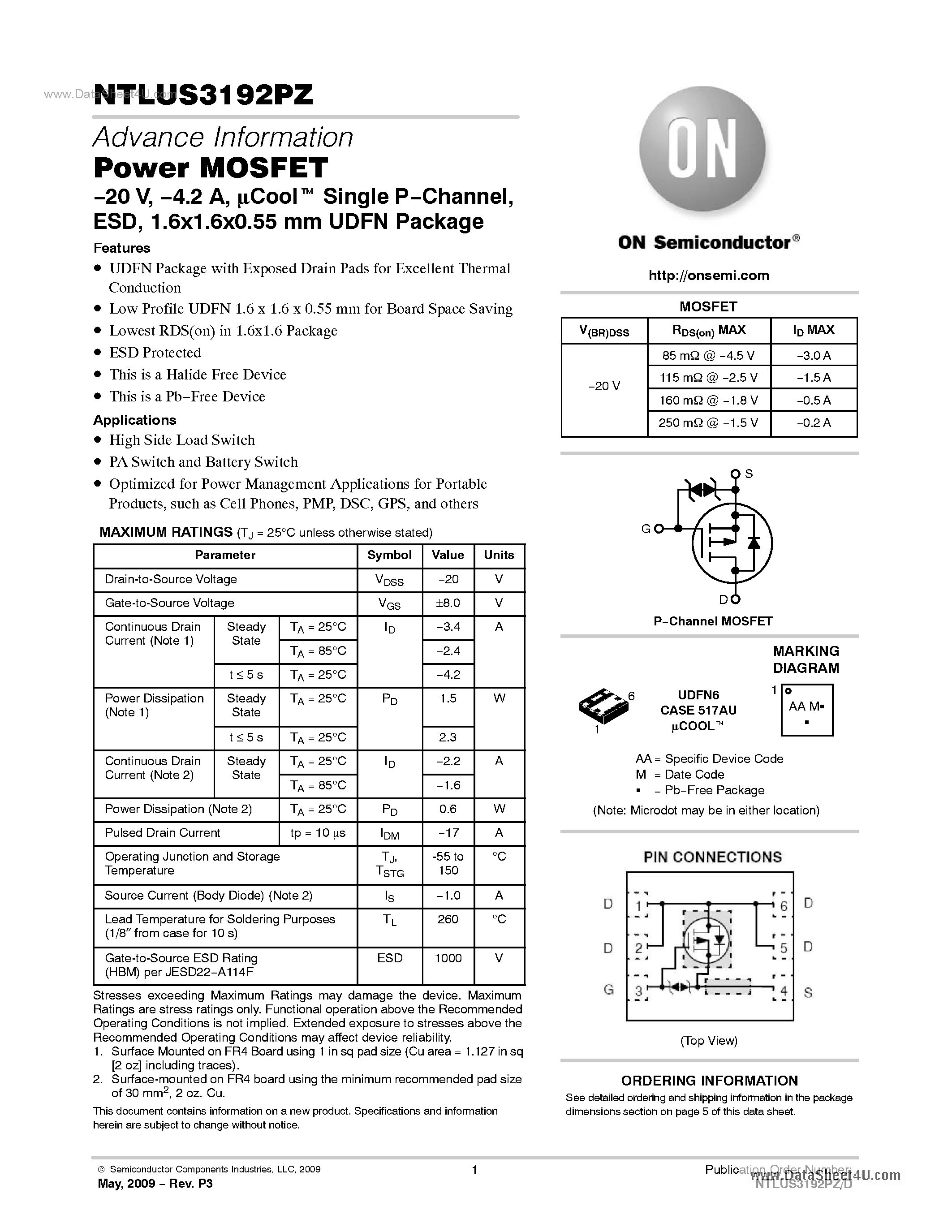 Даташит NTLUS3192PZ - Single P-Channel 20 V MOSFET страница 1