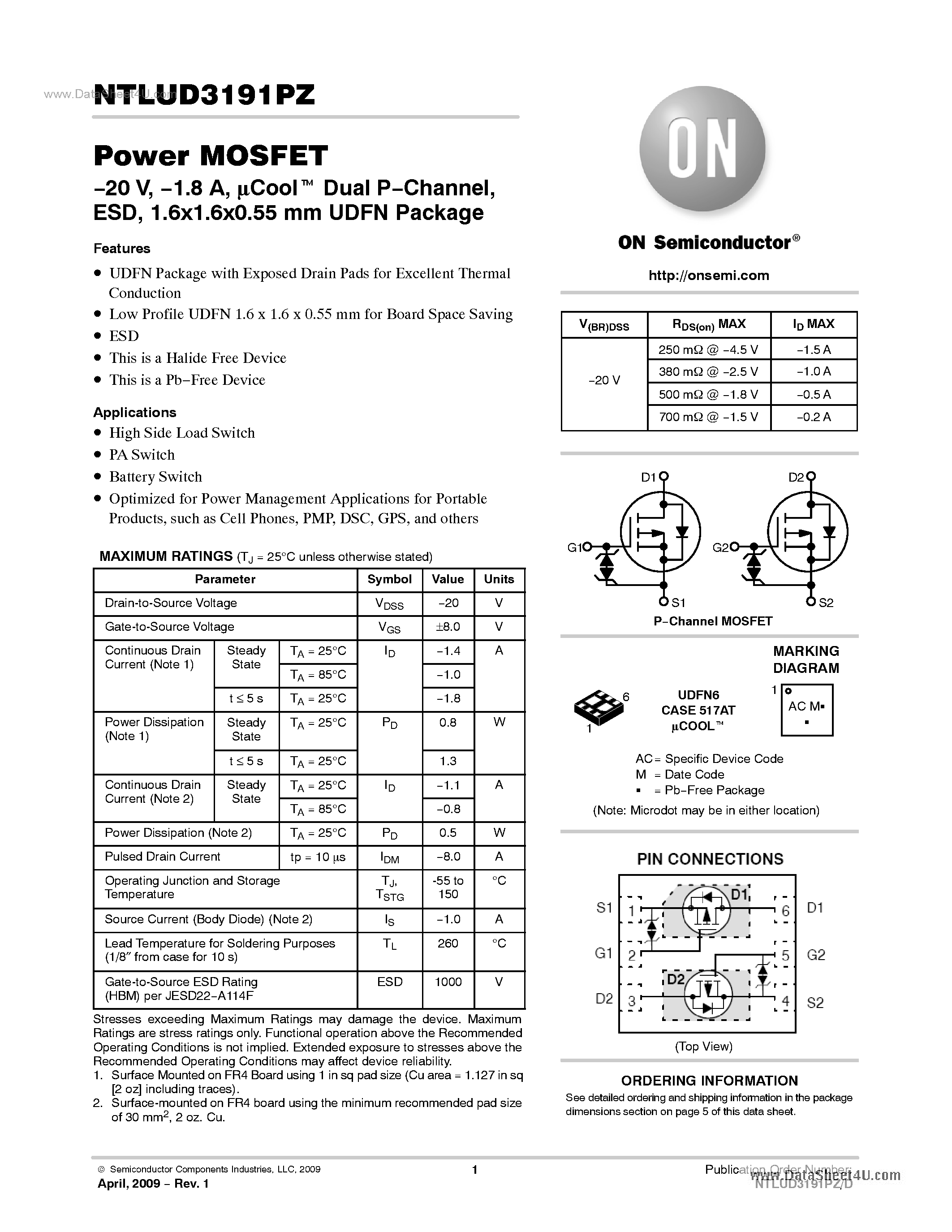 Даташит NTLUD3191PZ - Dual P-Channel 20 V MOSFET страница 1