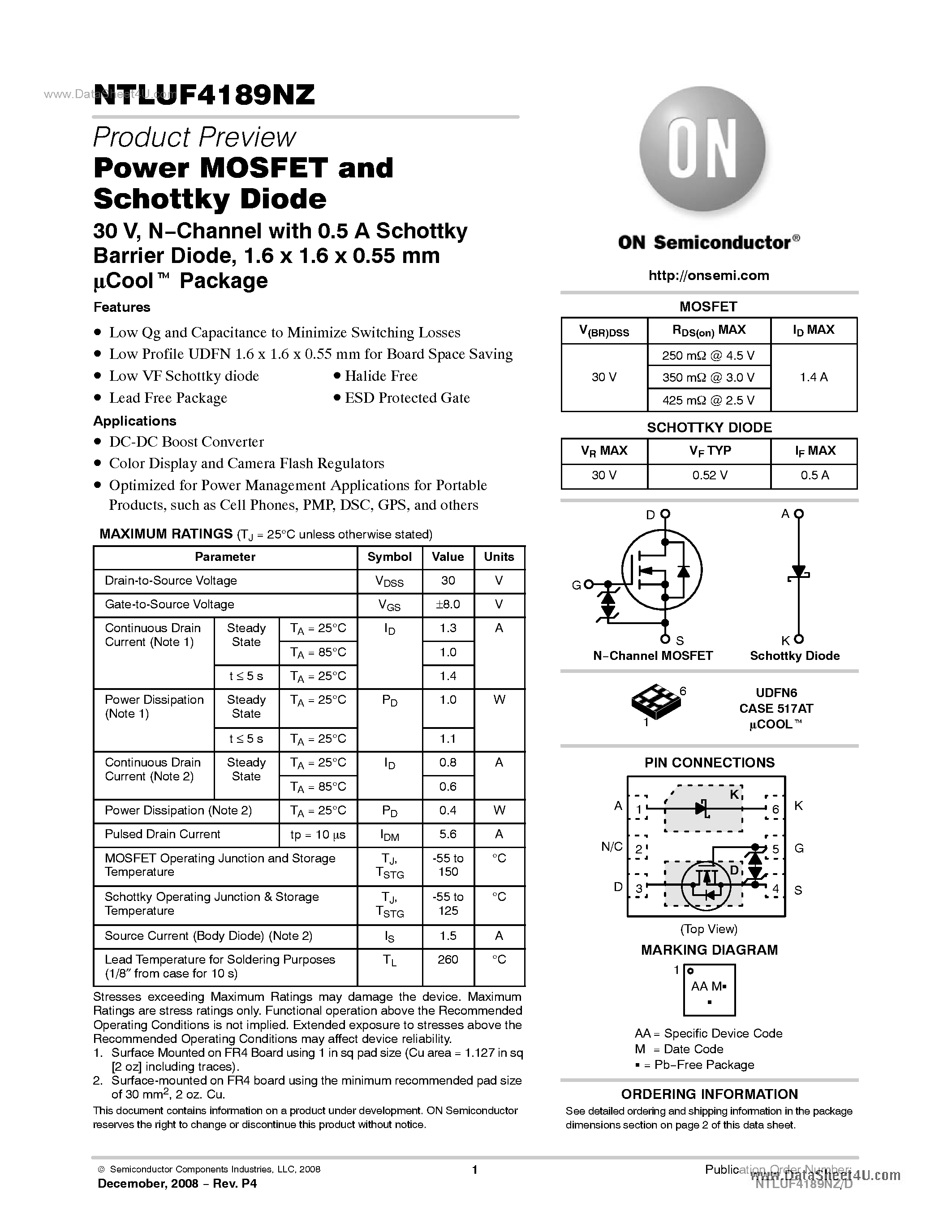 Даташит на микросхему NTLUF4189NZ страница 1 Даташит NTLUF4189NZ - Single N-Channel 30 V MOSFET Plus Schottky Barrier Diode страница 1