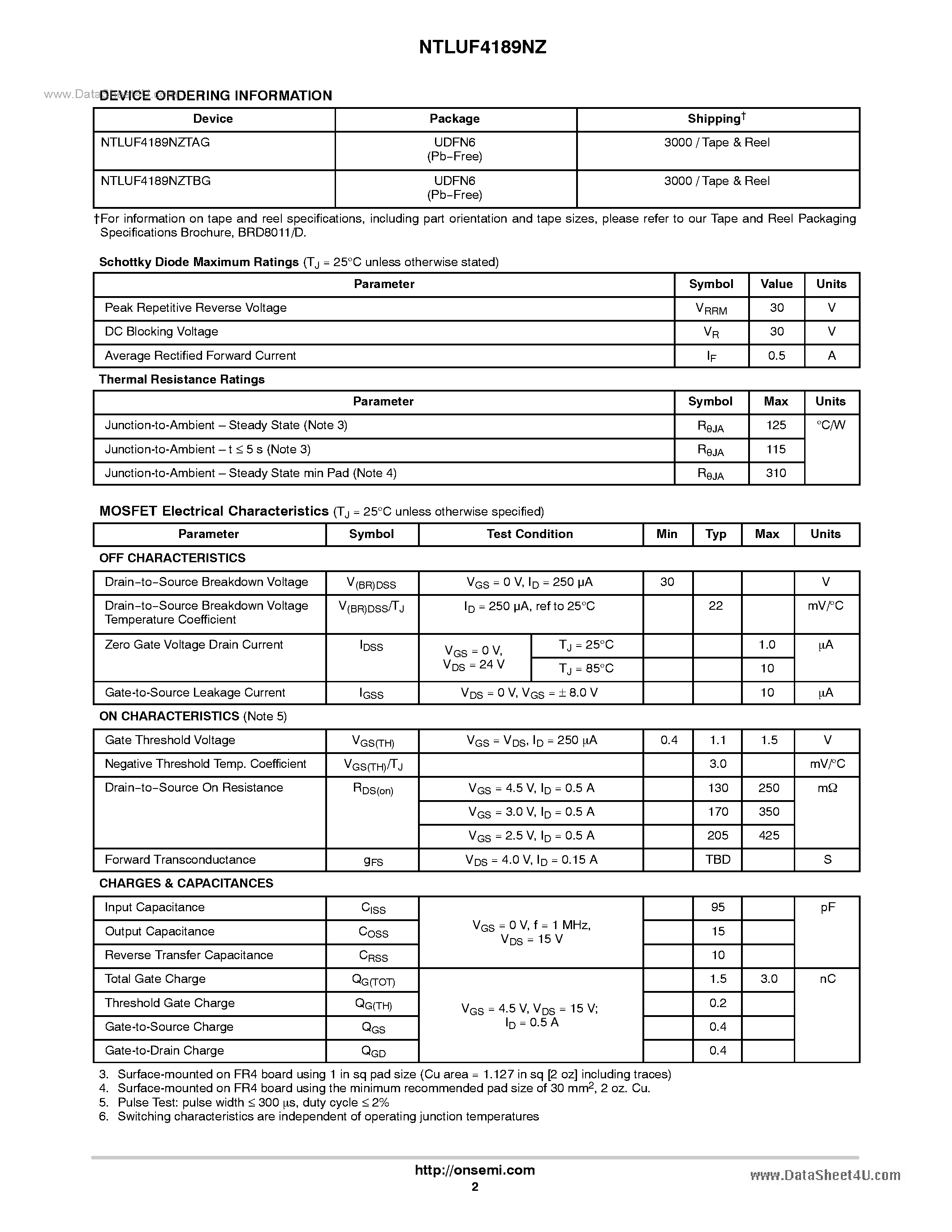 Даташит на микросхему NTLUF4189NZ страница 2 Даташит NTLUF4189NZ - Single N-Channel 30 V MOSFET Plus Schottky Barrier Diode страница 2