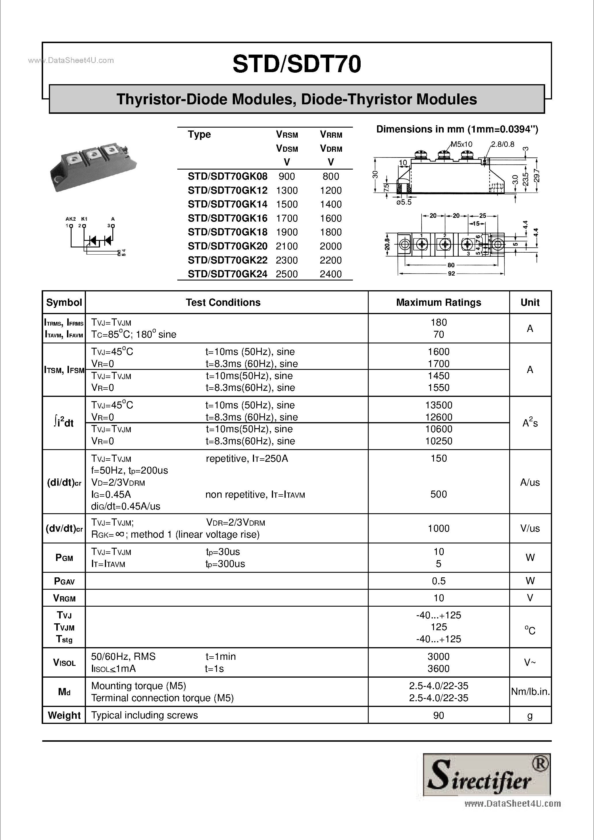 Datasheet STD70 - Thyristor-Diode Modules page 1