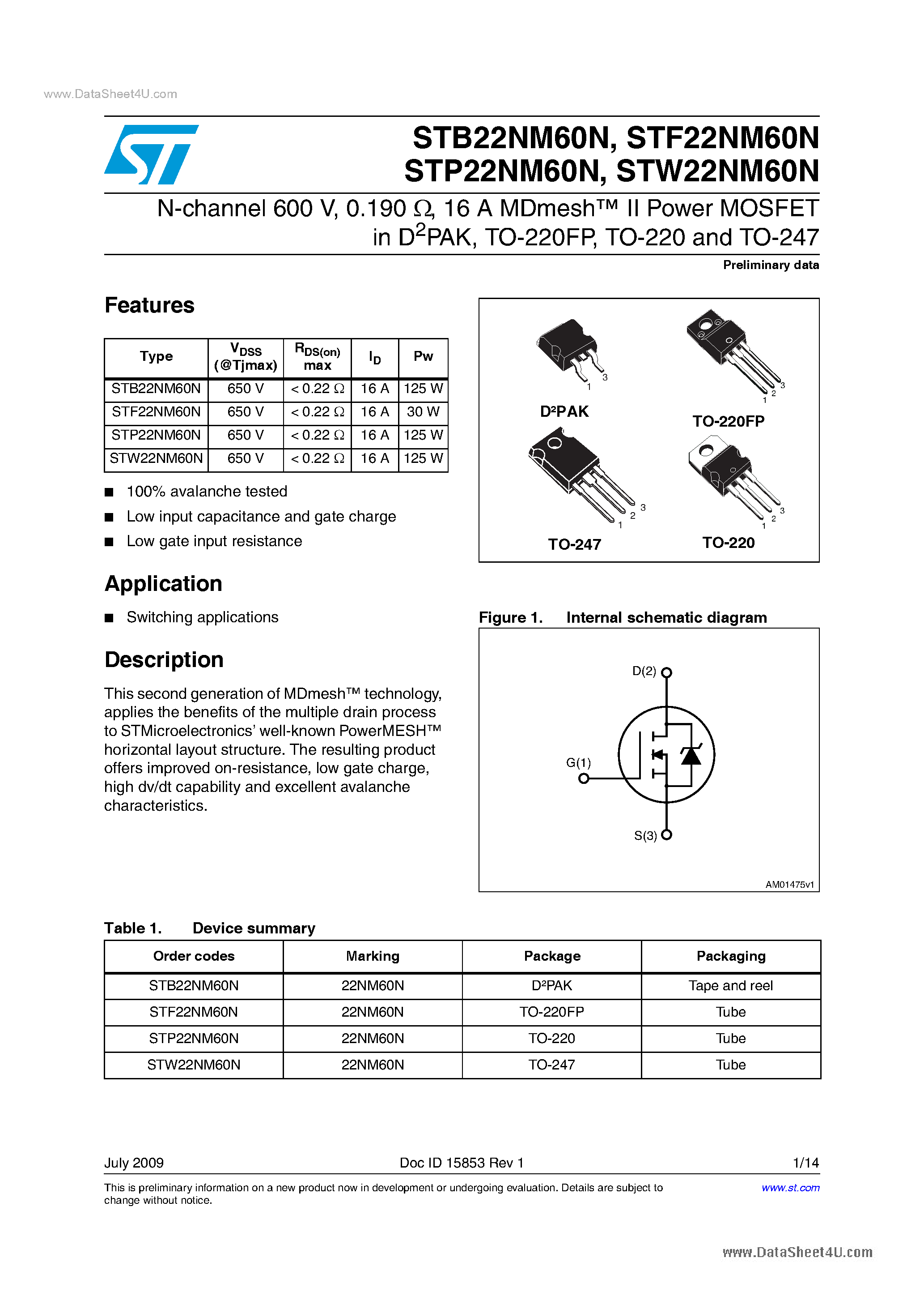 Datasheet STP22NM60N - Power MOSFETs page 1