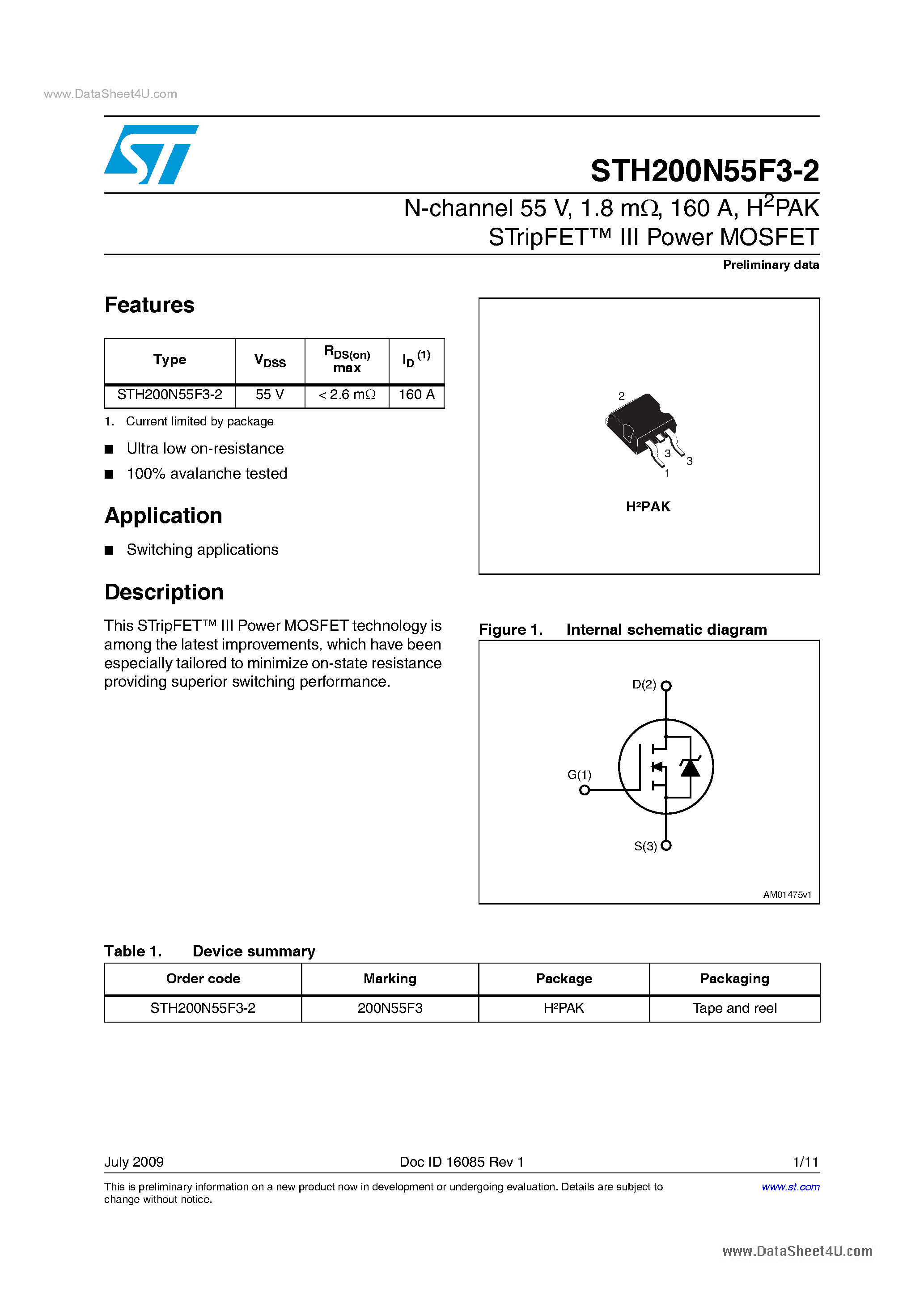 Datasheet STH200N55F3-2 page 1 Datasheet STH200N55F3-2 - Power MOSFETs page 1