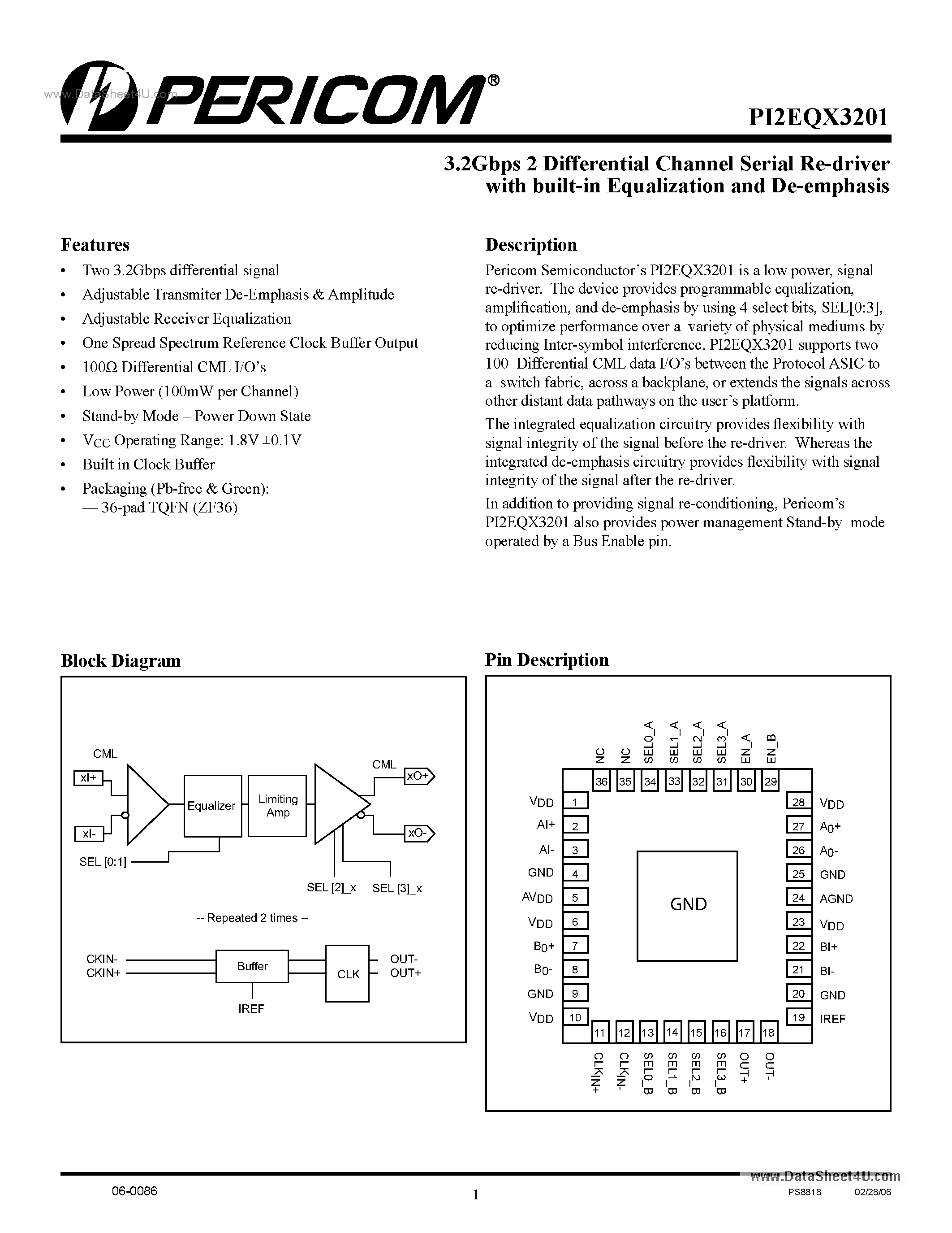 Datasheet PI2EQX3201 - 3.2Gbps 2 Differential Channel Serial Re-driver page 1