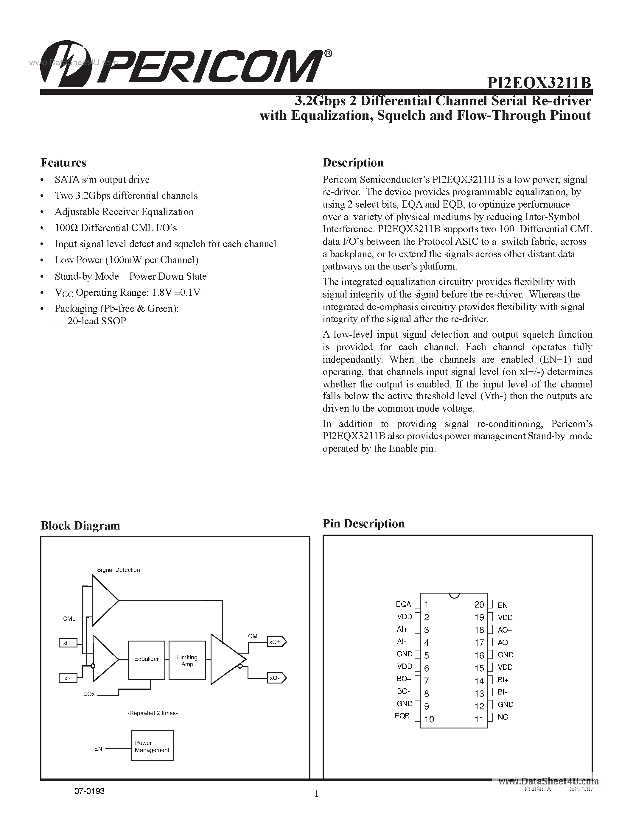 Datasheet PI2EQX3211B - 3.2Gbps 2 Differential Channel Serial Re-driver page 1
