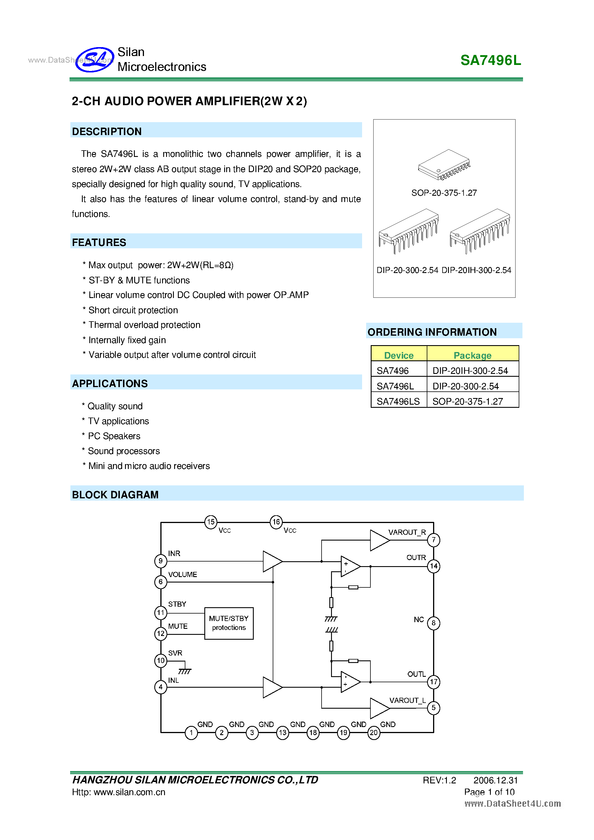 Datasheet SA7496L - 2-Channel Audio Power Amplifier page 1