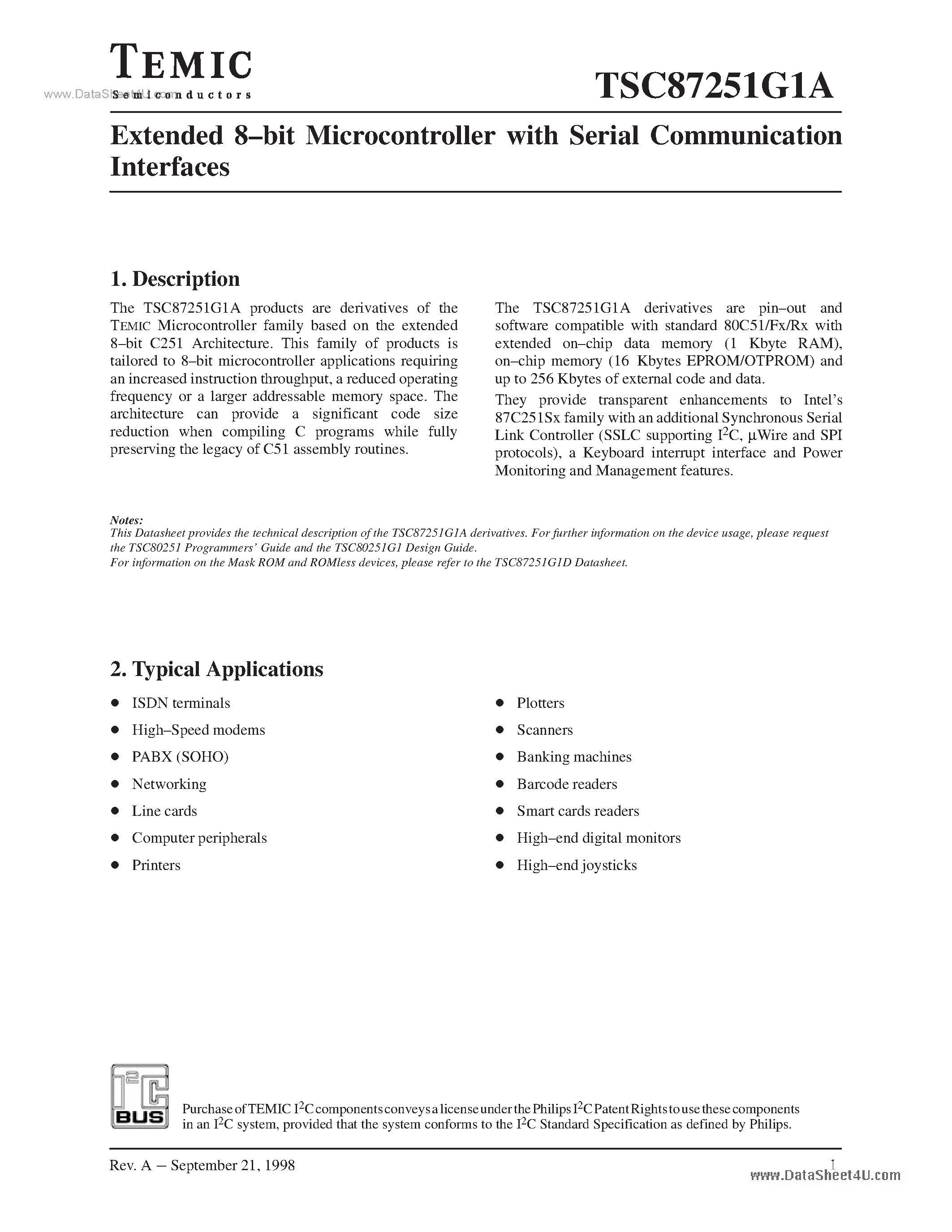 Даташит TSC87251G1A - Extended 8-bit Microcontroller страница 1