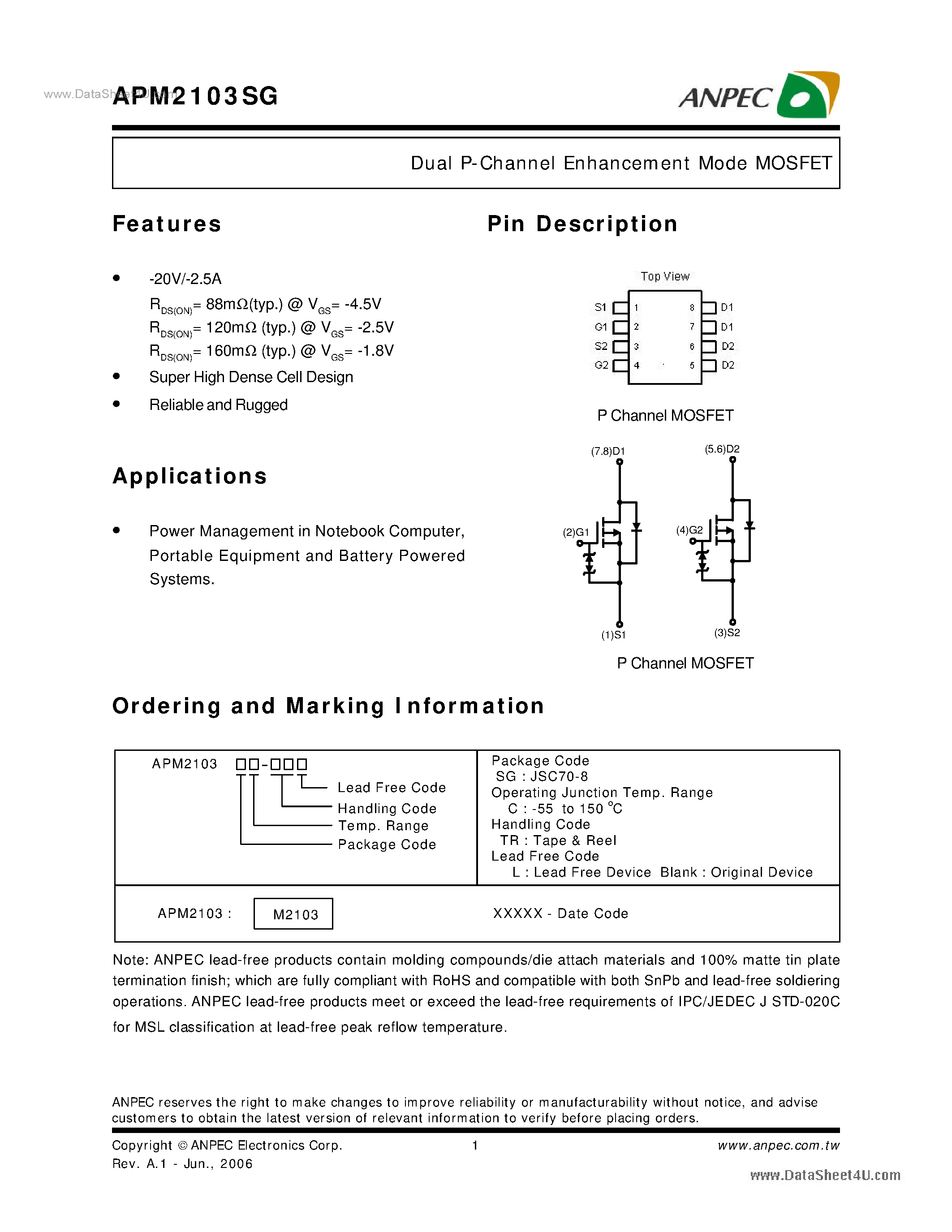 Даташит APM2103SG - Dual P-Channel Enhancement Mode MOSFET страница 1