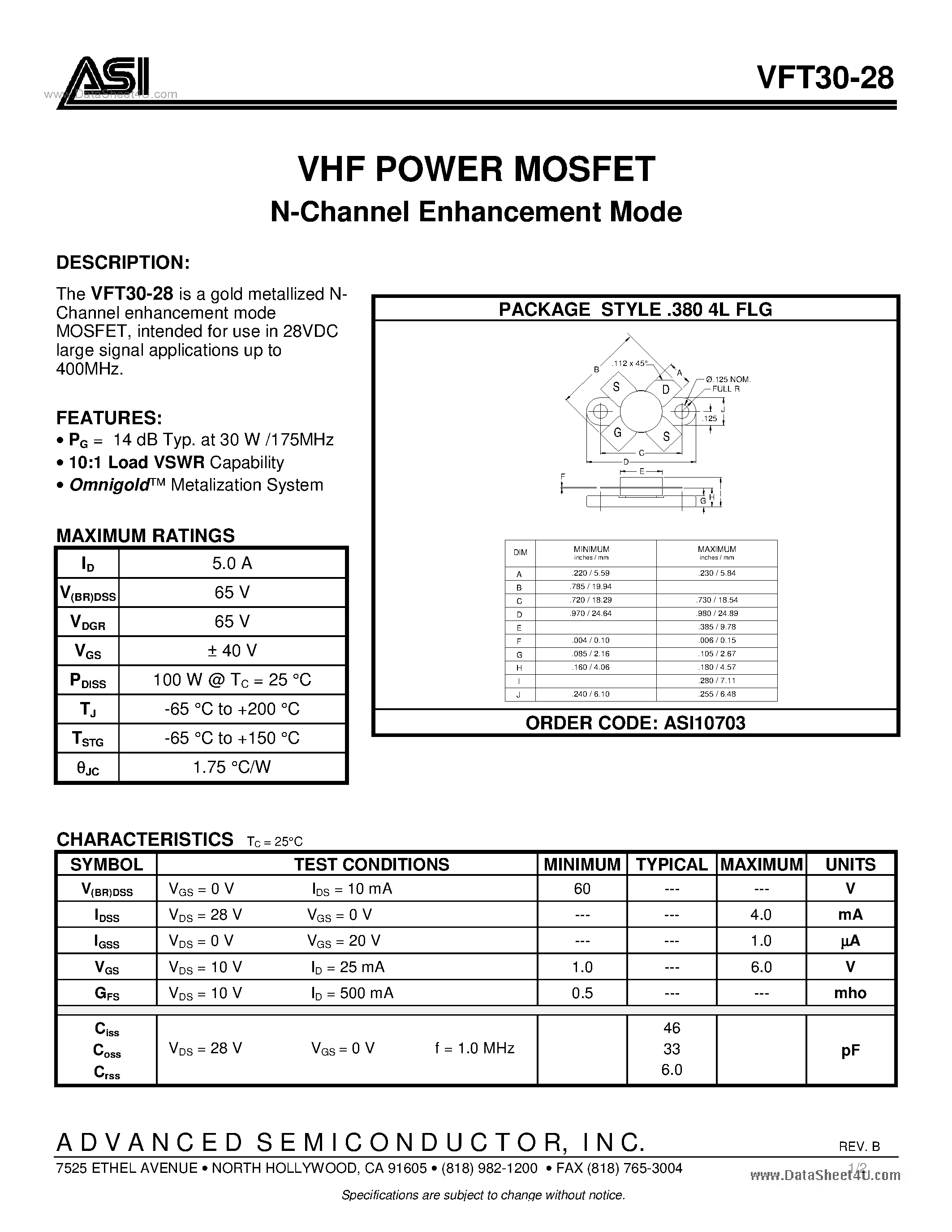 Datasheet VTF30-28 - VHF POWER MOSFET N-Channel Enhancement Mode page 1