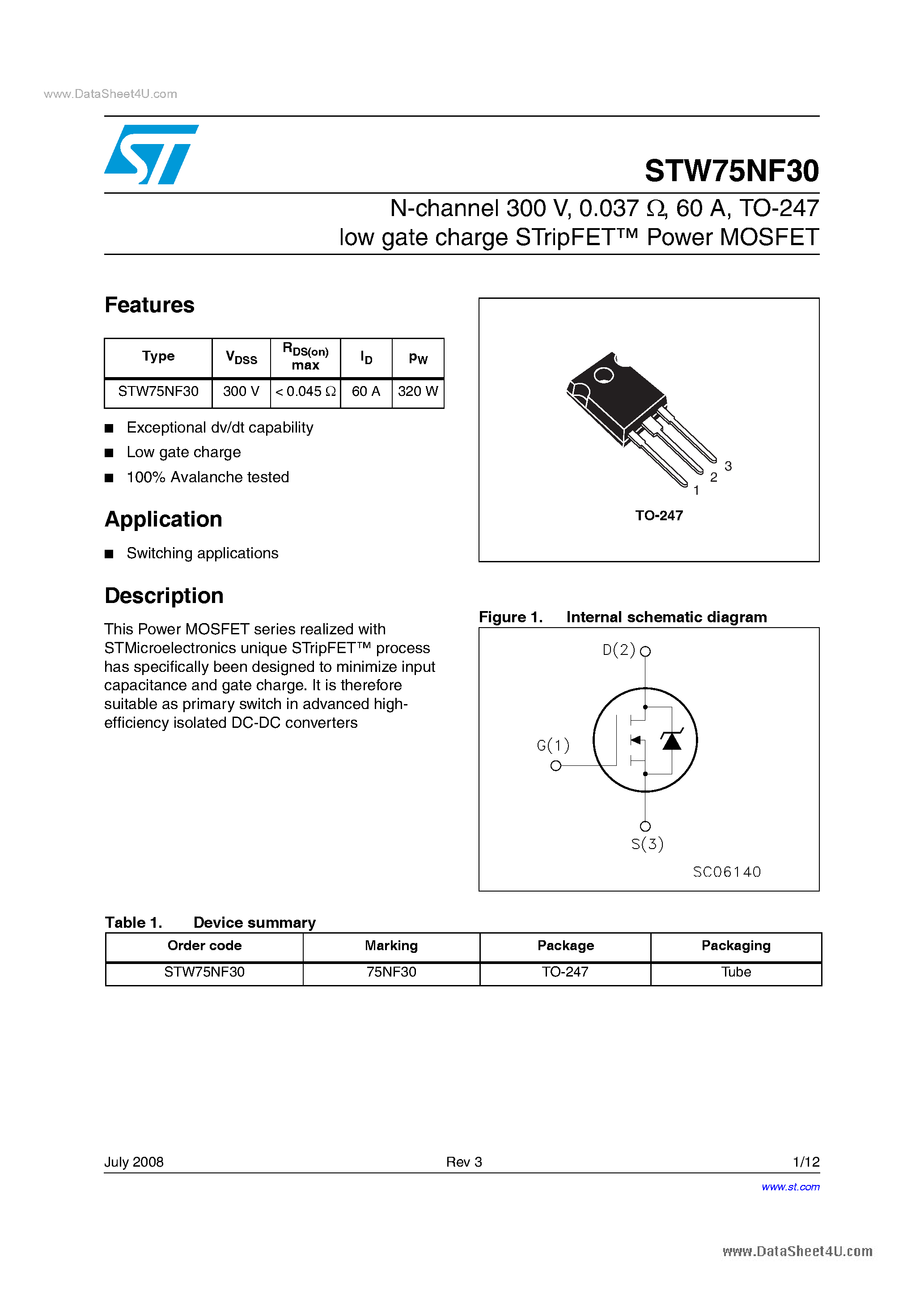 Datasheet STW75NF30 - N-channel Power MOSFET page 1