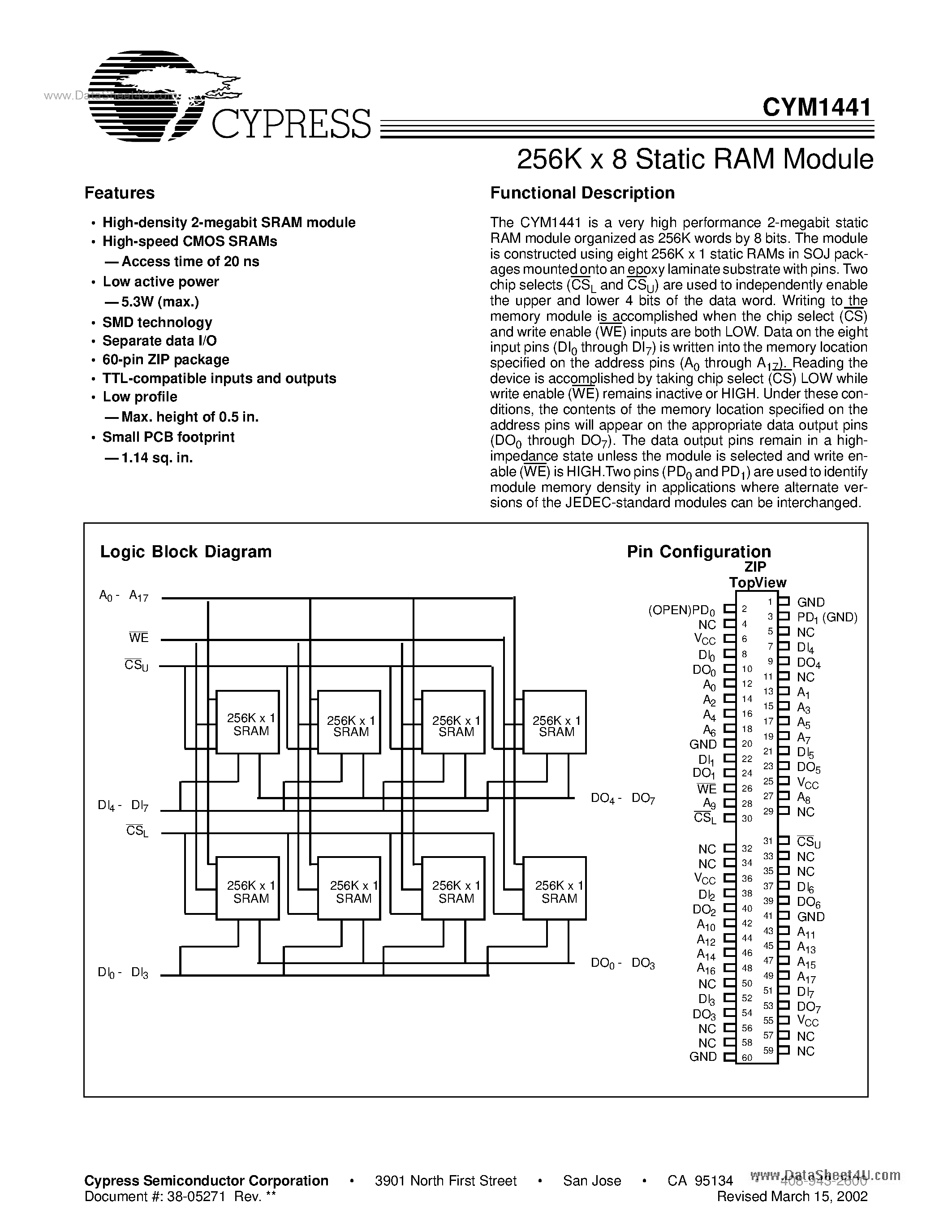 Даташит на микросхему CYM1441 страница 1 Даташит CYM1441 - 256K x 8 Static RAM Module страница 1