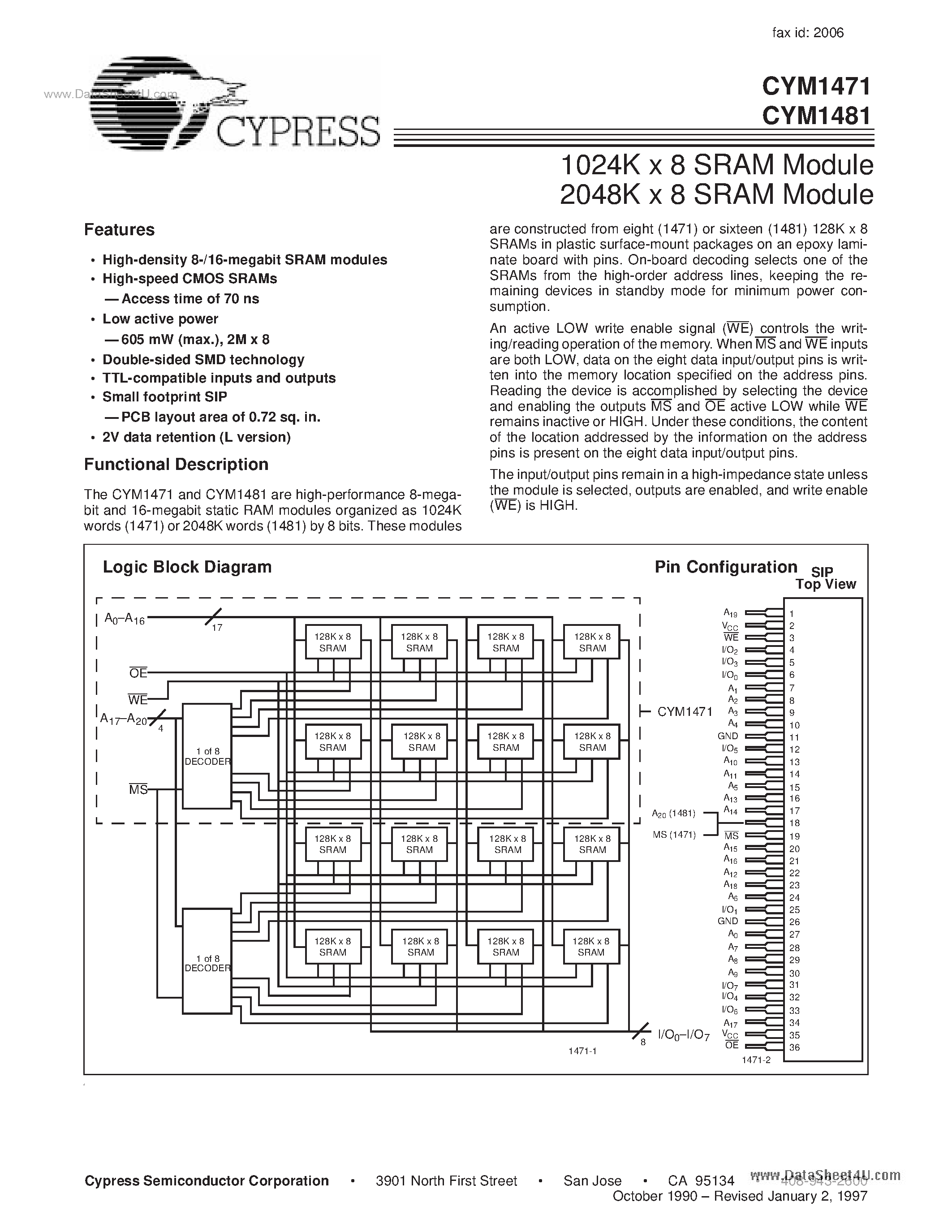 Даташит на микросхему CYM1471 страница 1 Даташит CYM1471 - (CYM1471 / CYM1481) 2048k X 8 SRAM Module страница 1