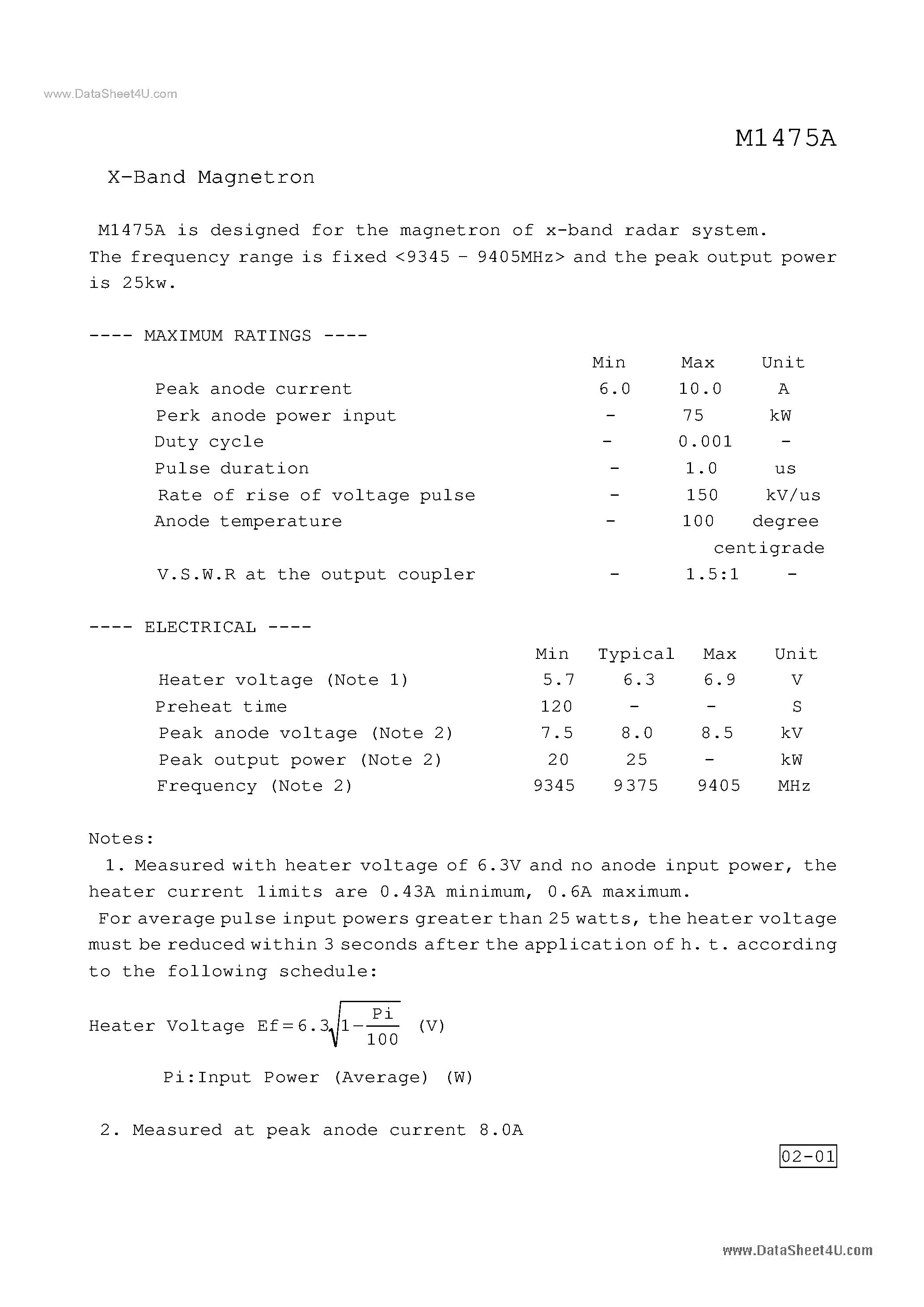 Даташит M1475A - X-Band Magnetron страница 1
