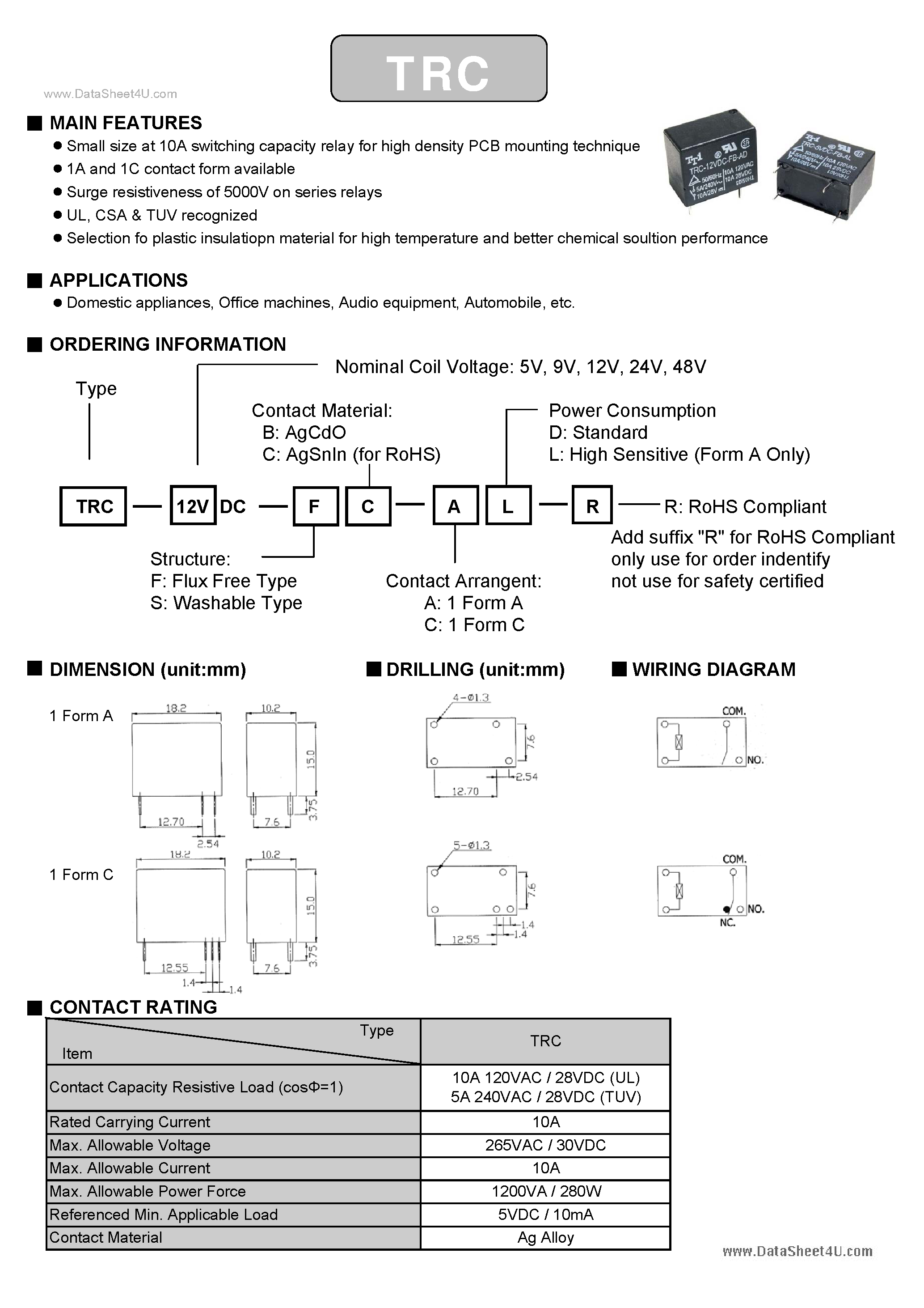 Datasheet TRC-12VDC-FB-AD - 10A Switching Capacity Relay page 1