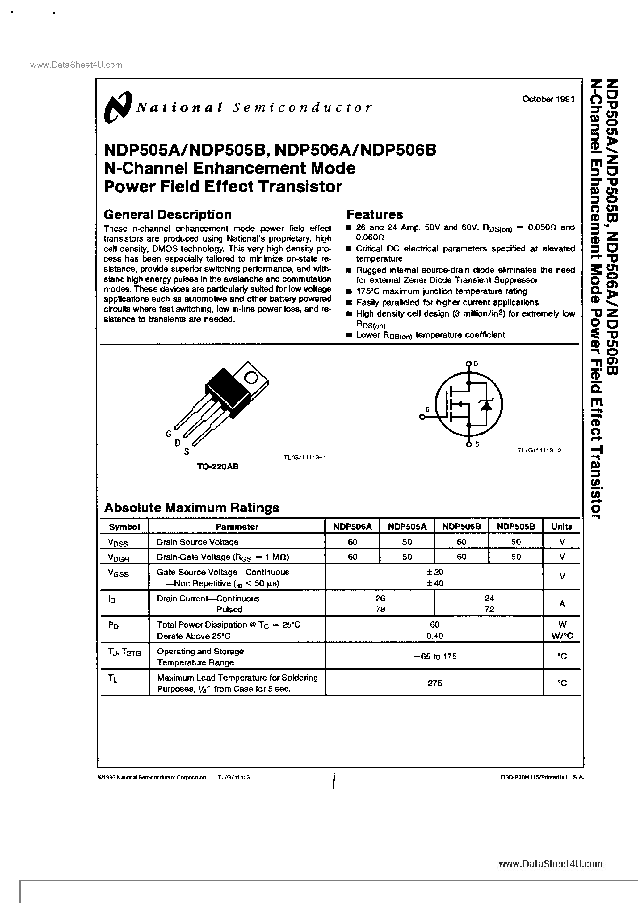 Datasheet NDP505A - (NDP505 / NDP5060 N-Channel Enhancement Mode Power FET page 1