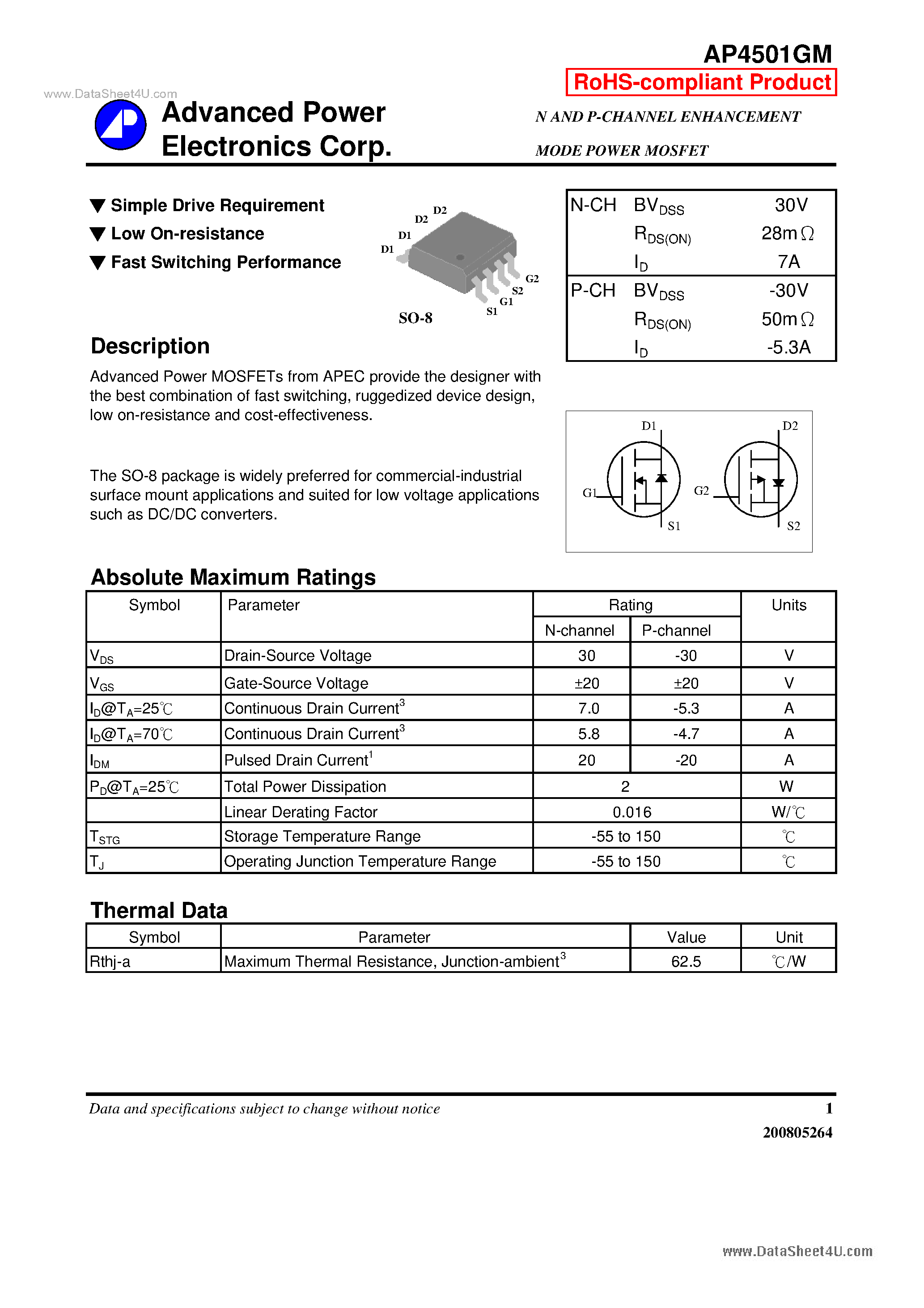 Даташит AP4501GM - N AND P-CHANNEL ENHANCEMENT MODE POWER MOSFET страница 1