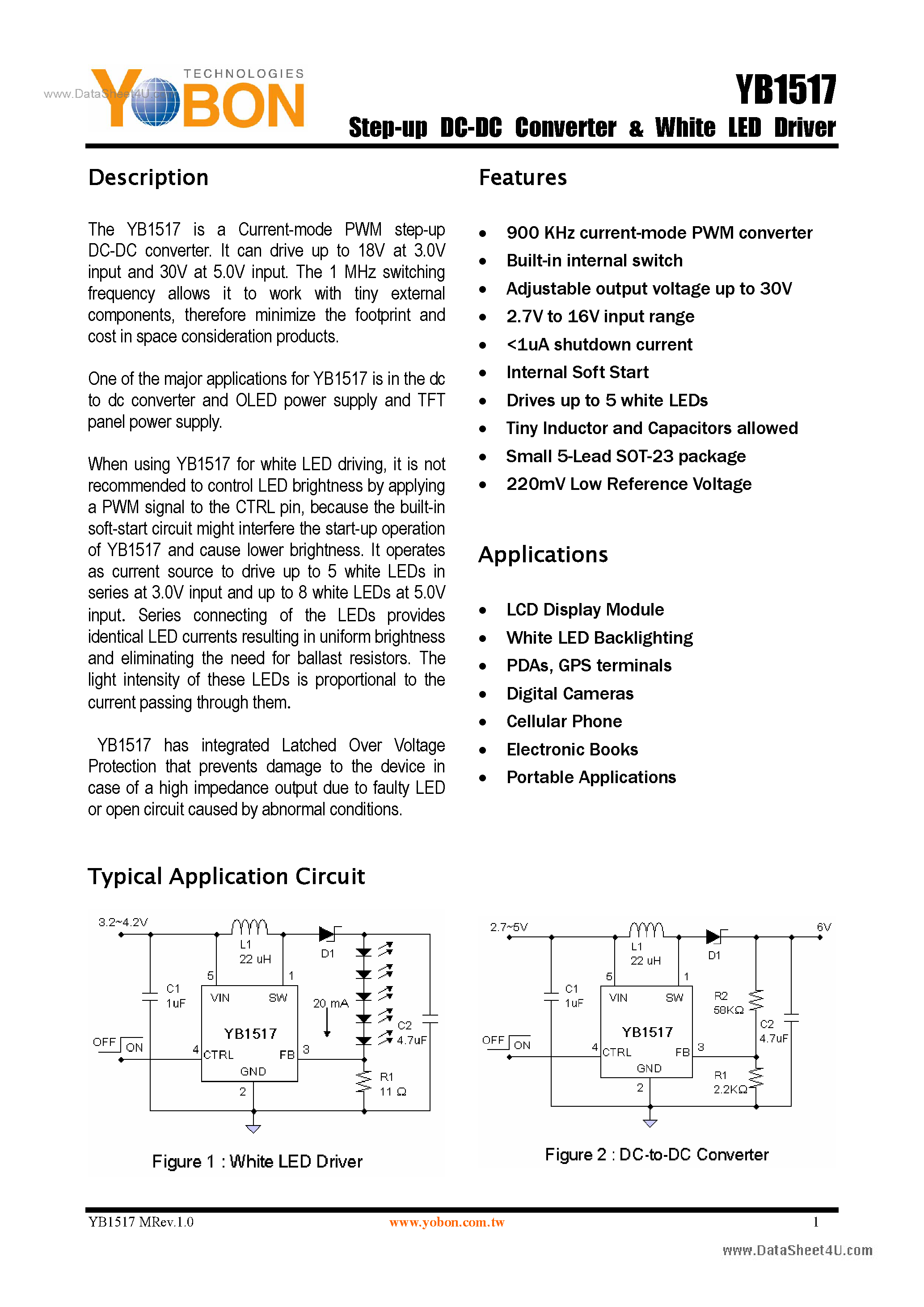 Datasheet YB1517 - Step-up DC-DC Converter & White LED Driver page 1