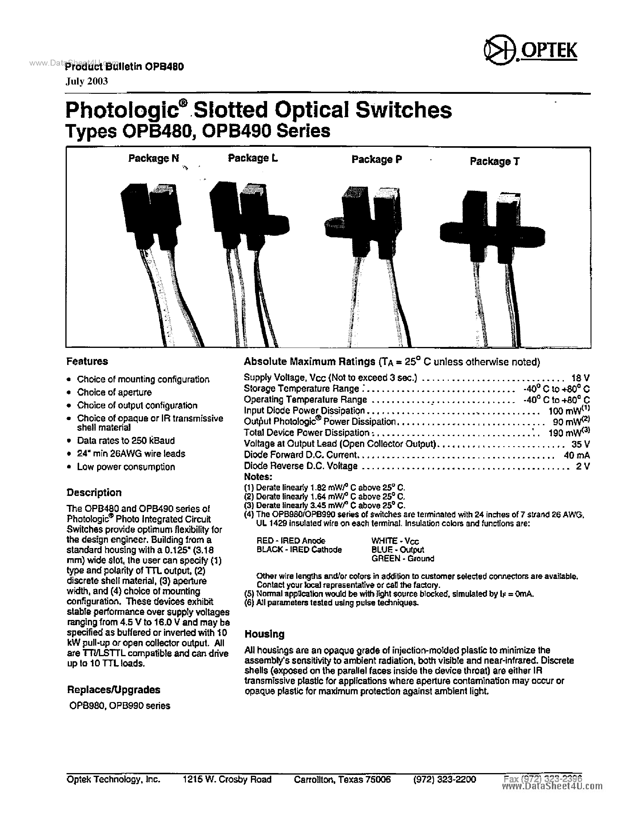 Даташит на микросхему OPB480 страница 1 Даташит OPB480 - (OPB480 / OPB490) Photologic Slotted Optical Switches страница 1