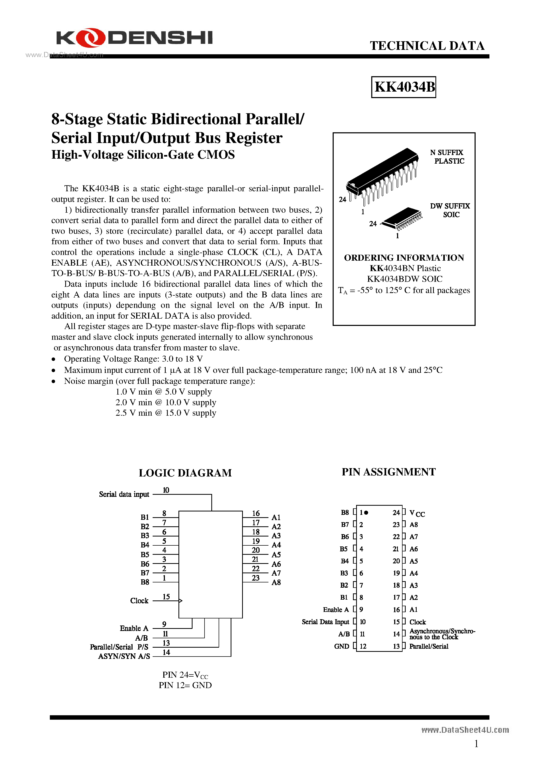 Datasheet KK4034B - 8-Stage Static Bidirectional Parallel/ Serial Input/Output Bus Register High-Voltage Silicon-Gate CMOS page 1