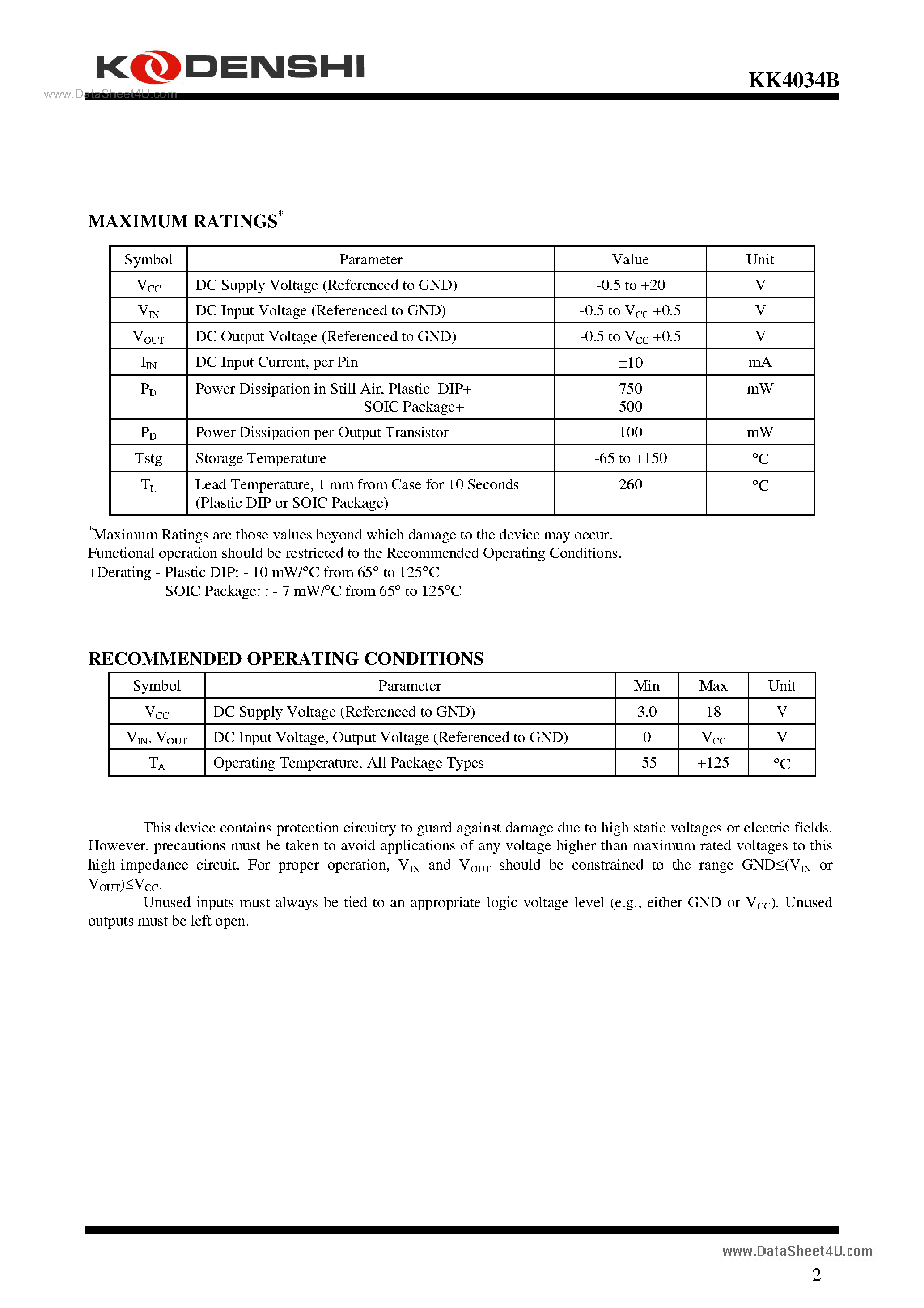 Datasheet KK4034B - 8-Stage Static Bidirectional Parallel/ Serial Input/Output Bus Register High-Voltage Silicon-Gate CMOS page 2