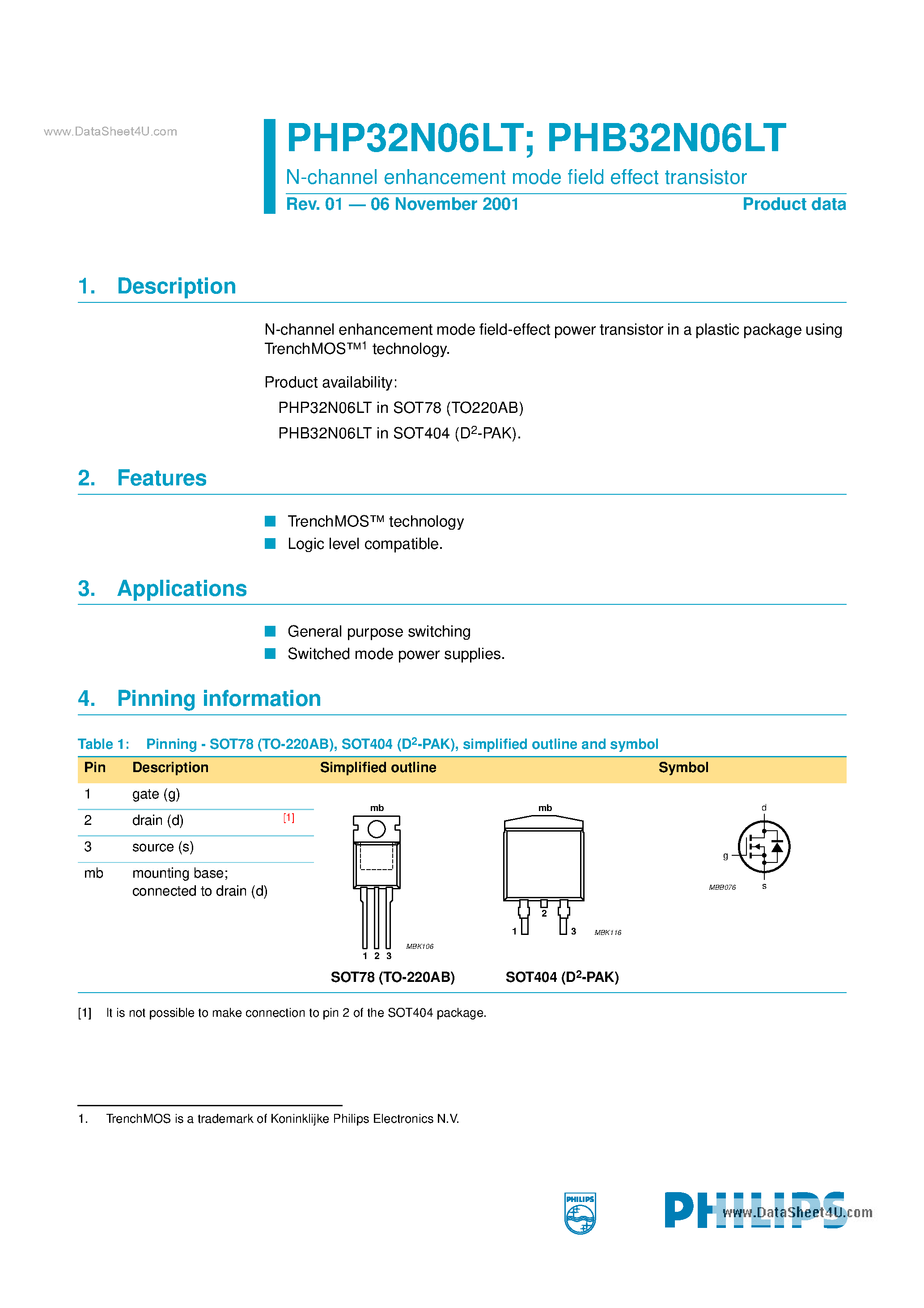 Datasheet PHB32N06LT - N-channel enhancement mode field effect transistor page 1