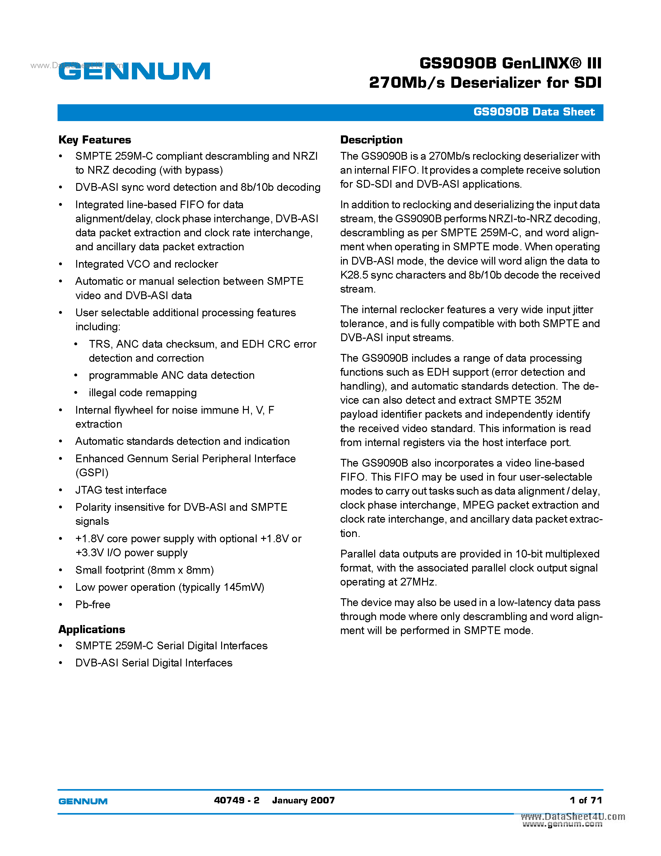 Datasheet GS9090B - GenLINX III 270Mb/s Deserializer page 1