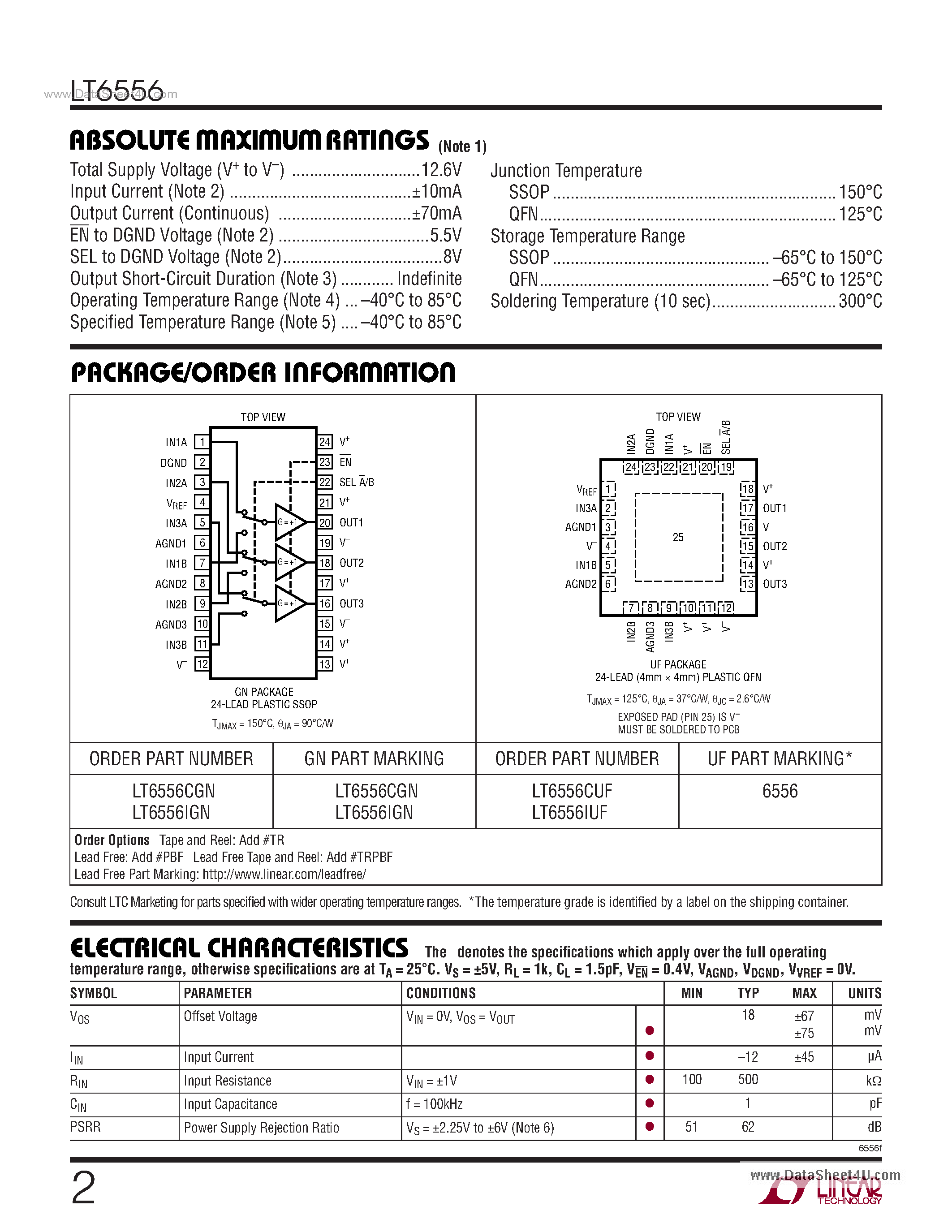 Даташит на микросхему LT6556 страница 2 Даташит LT6556 - 750MHz Gain of 1 Triple 2:1Video Multiplexer страница 2