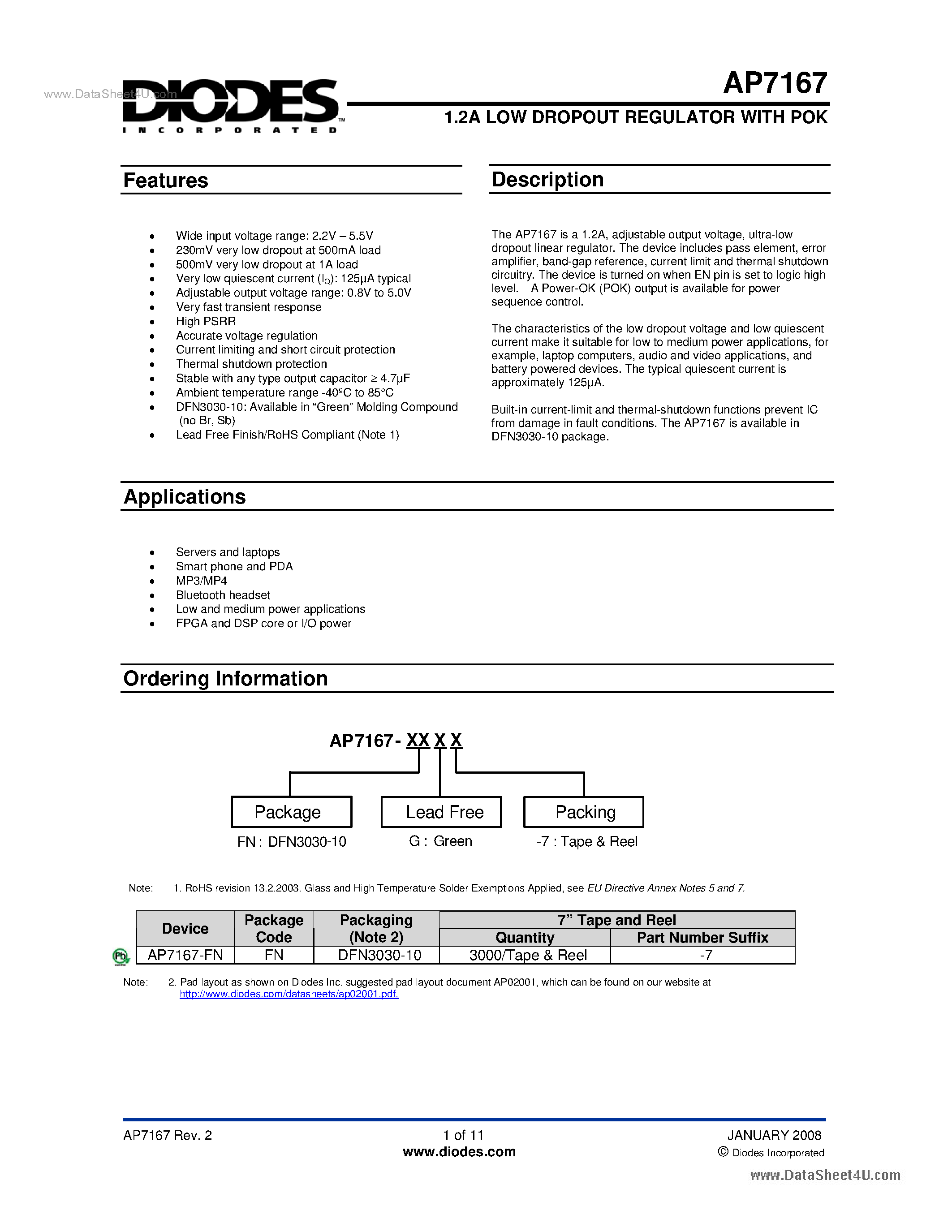 Даташит на микросхему AP7167 страница 1 Даташит AP7167 - 1.2A LOW DROPOUT REGULATOR страница 1