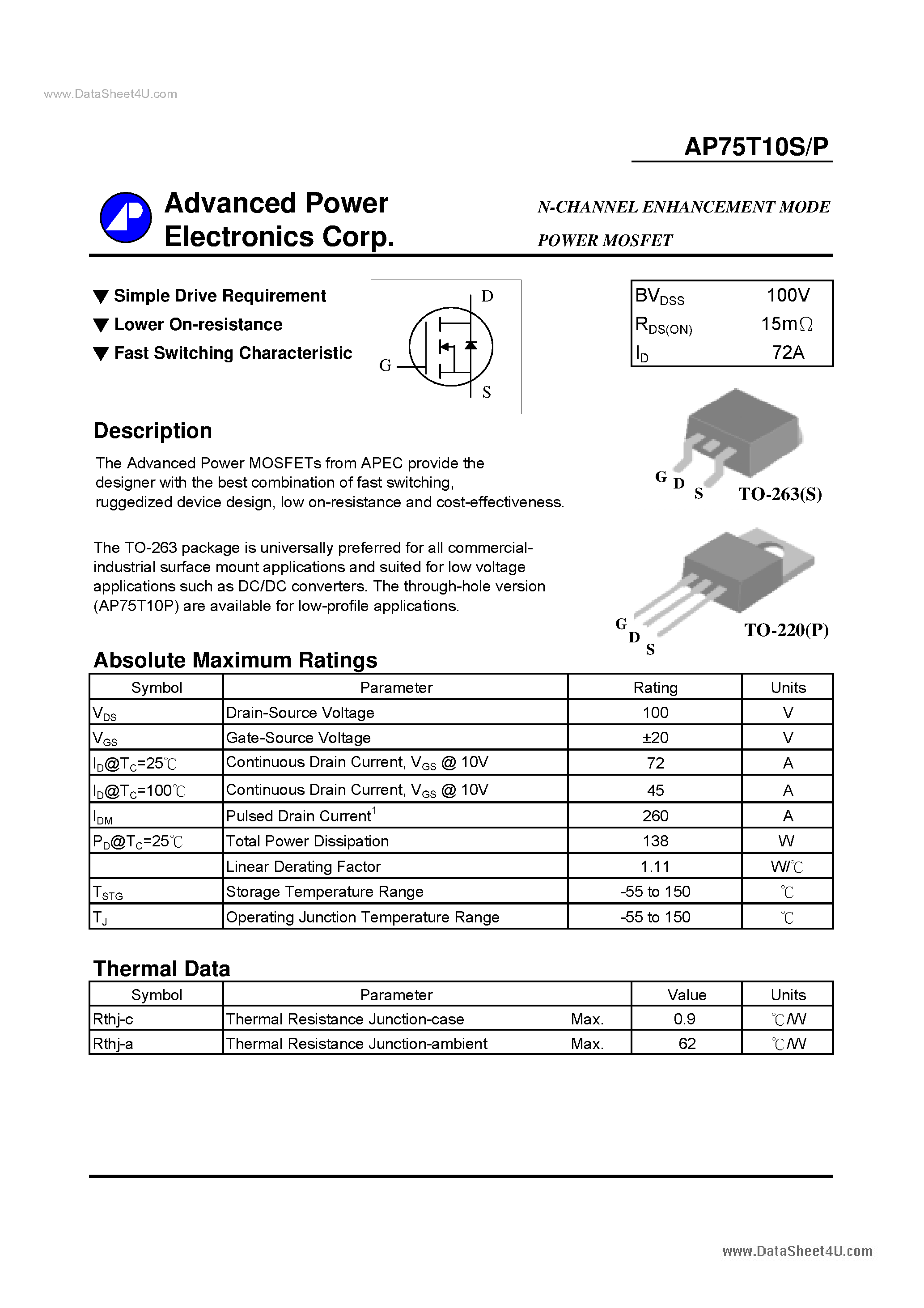 Datasheet AP75T10P - N-CHANNEL ENHANCEMENT MODE page 1