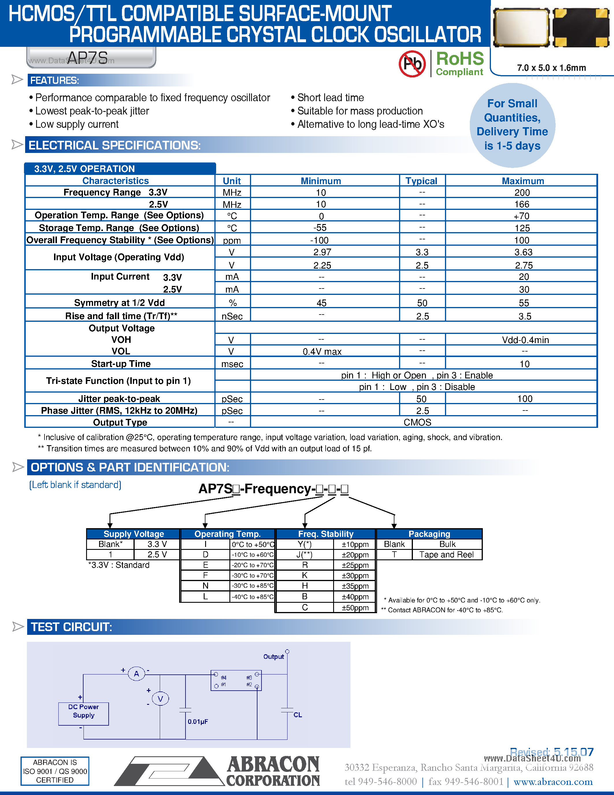 Datasheet AP7S - HCMOS/TTL COMPATIBLE SURFACE-MOUNT PROGRAMMABLE CRYSTAL CLOCK OSCILLATOR page 1