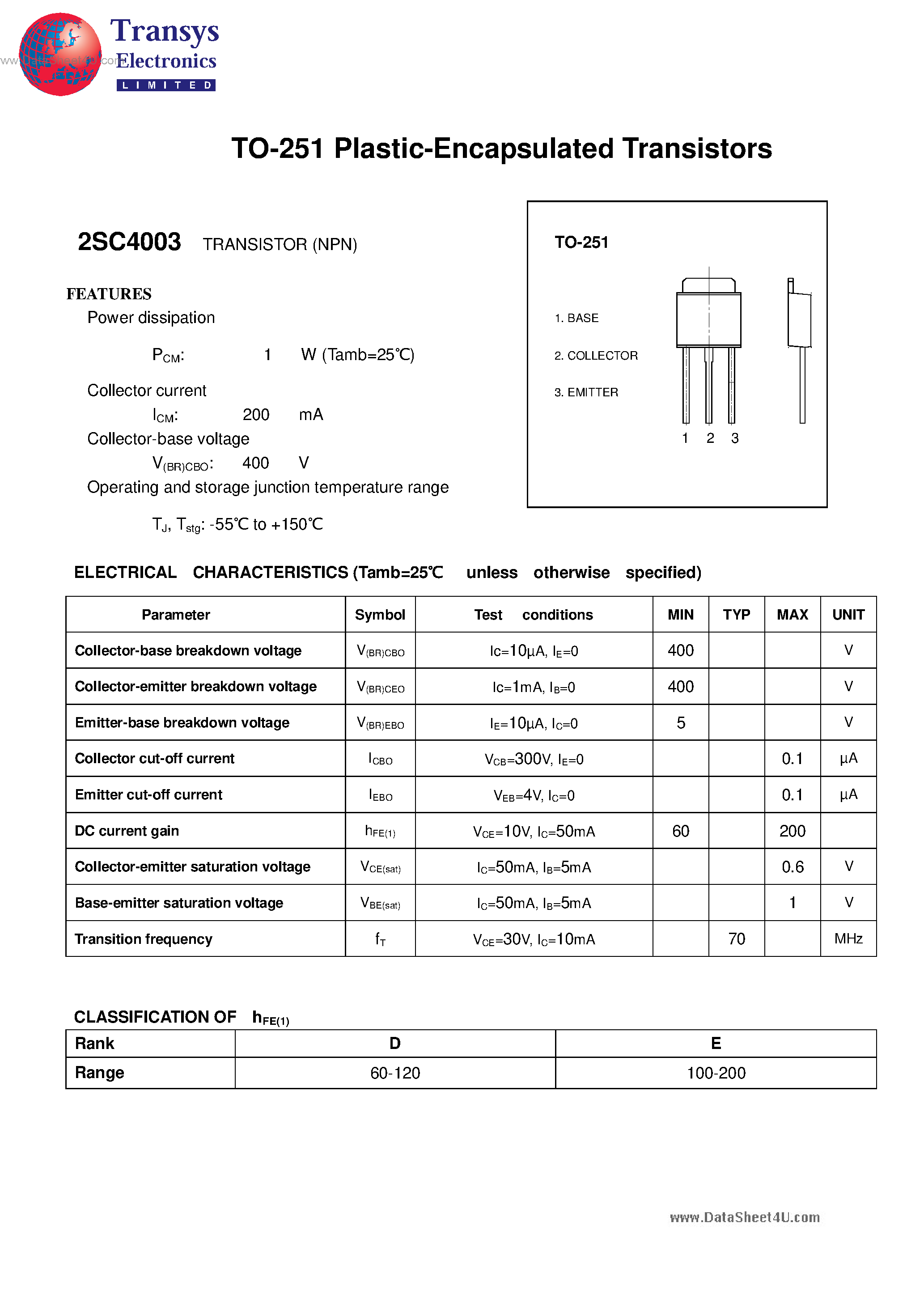 Datasheet 2SC4003 - Plastic-Encapsulated Transistors page 1