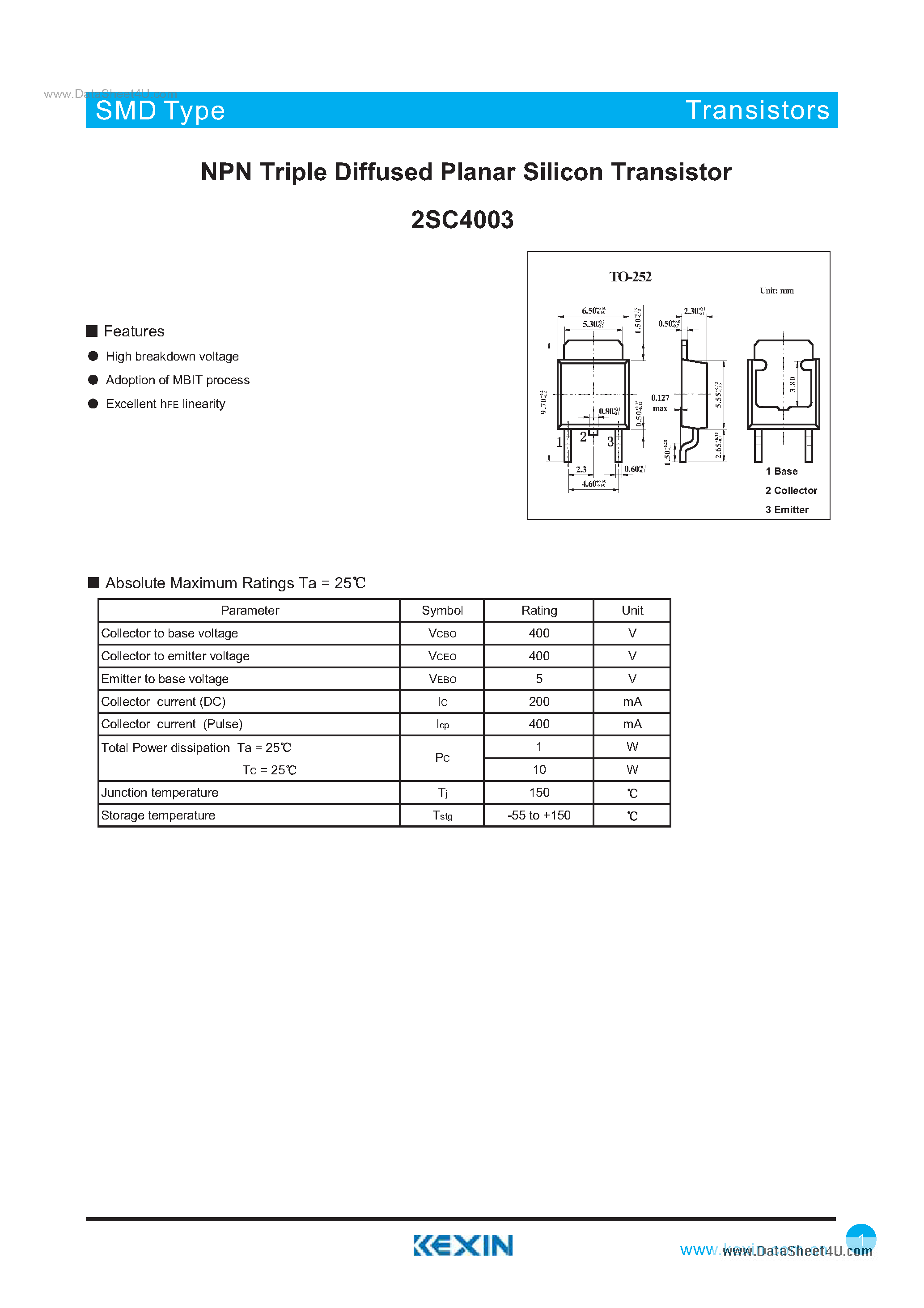 Datasheet 2SC4003 - NPN Triple Diffused Planar Silicon Transistor page 1