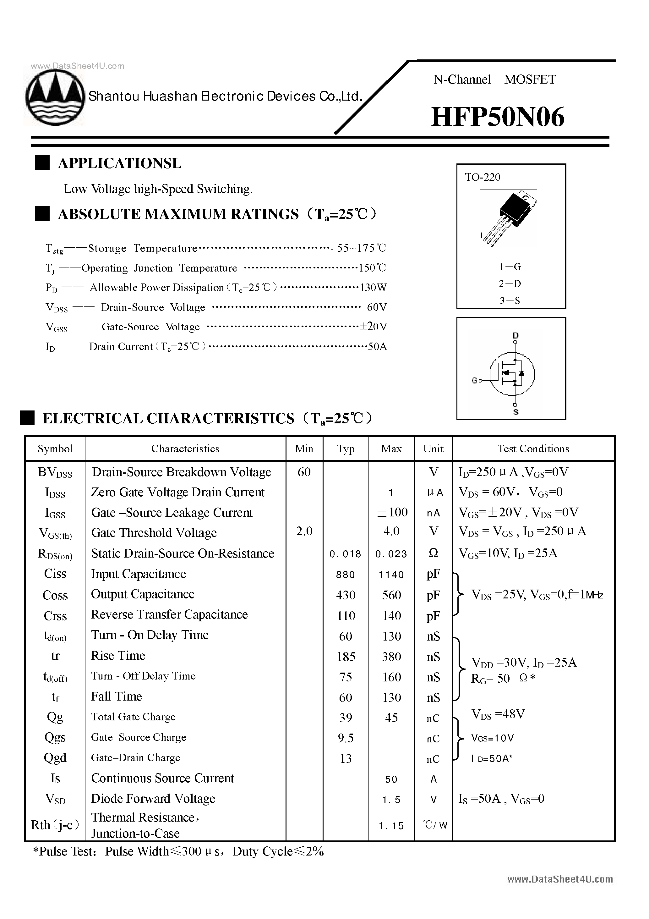 Datasheet HFP50N06 - N-Channel MOSFET page 1