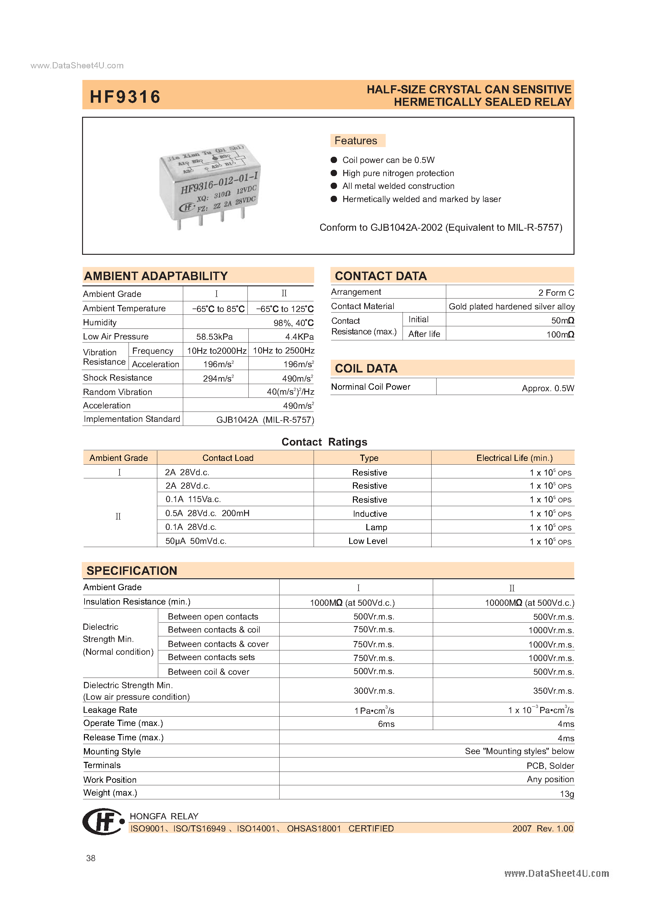 Даташит HF9316 - HALF-SIZE CRYSYAL CAN SENSITIVE HERMETICALLY SEALED RELAY страница 1