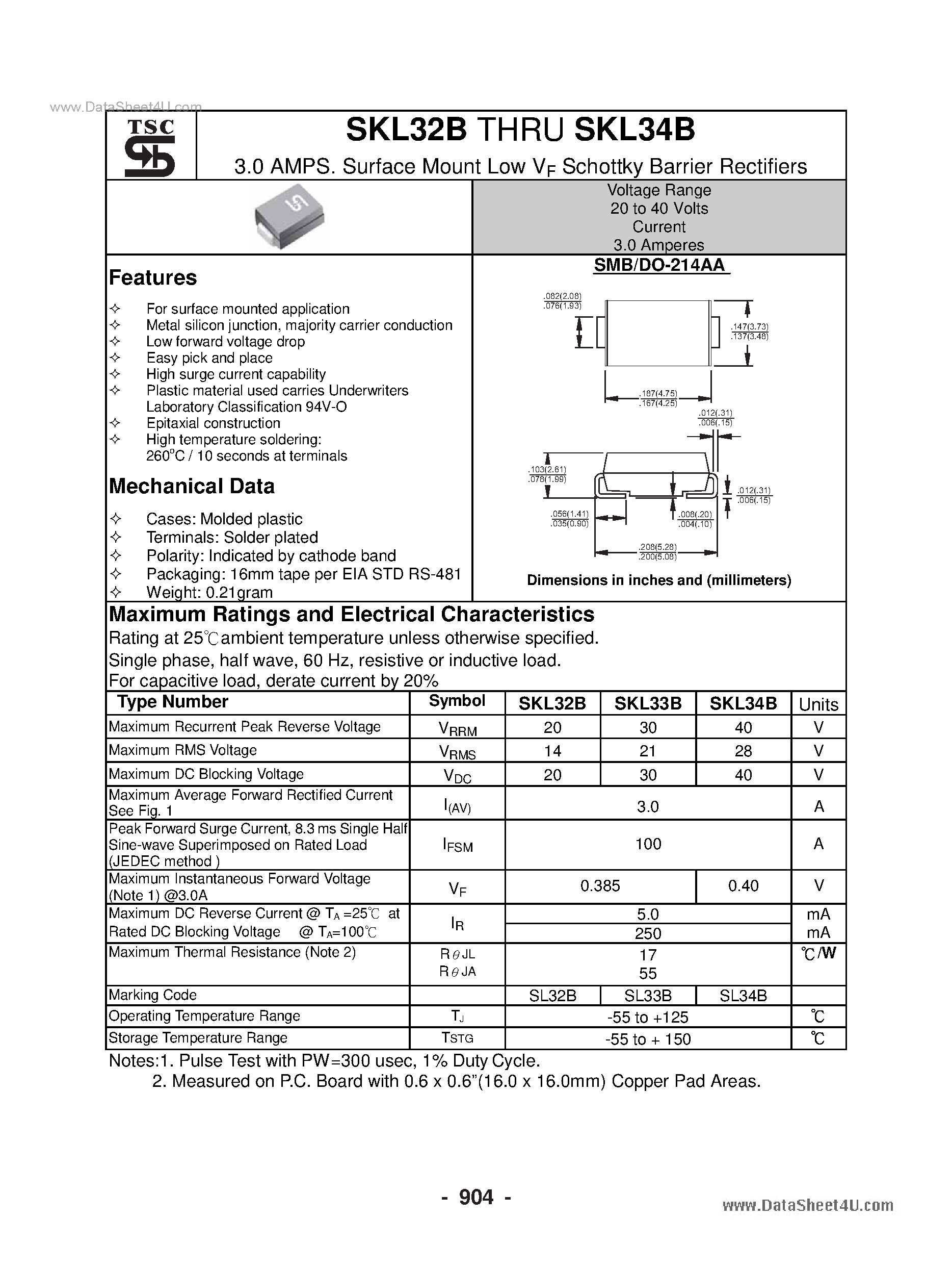 Datasheet SKL32B - (SKL32B - SKL34B) Surface Mount Low VF Schottky Barrier Rectifiers page 1
