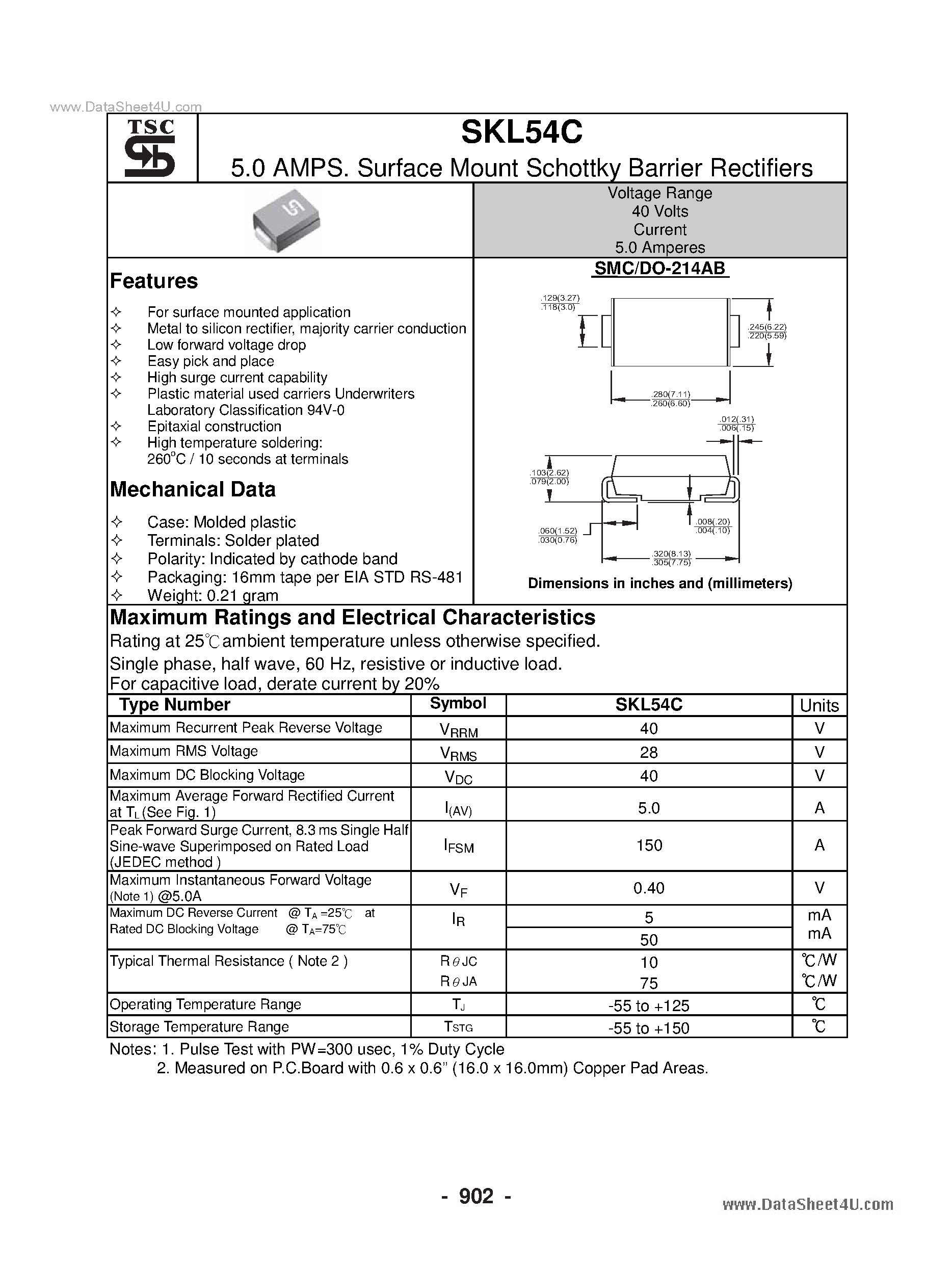 Datasheet SKL54C - Surface Mount Schottky Barrier Rectifiers page 1