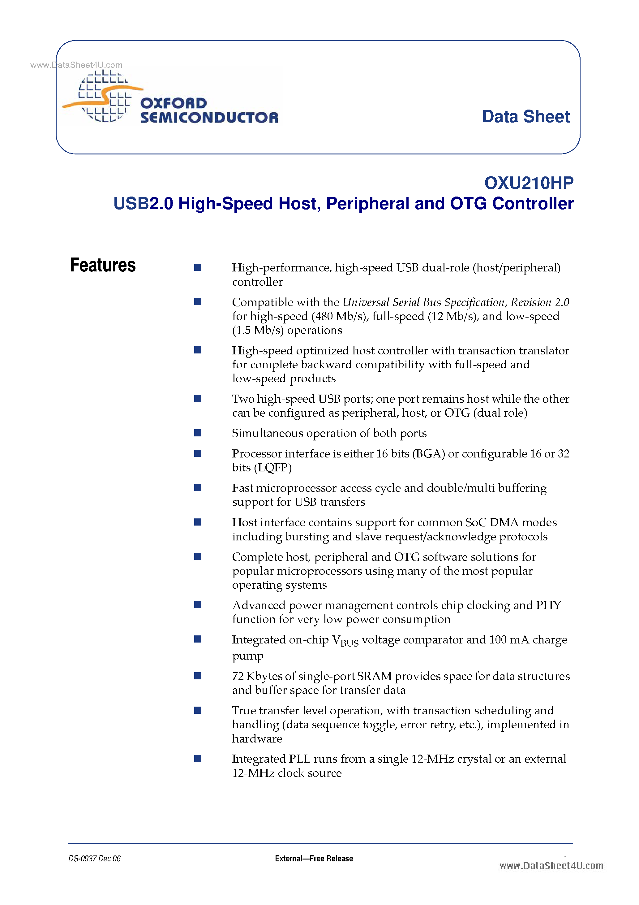 Datasheet OXU210HP - USB2.0 High Speed Peripheral and OTG Controller page 1