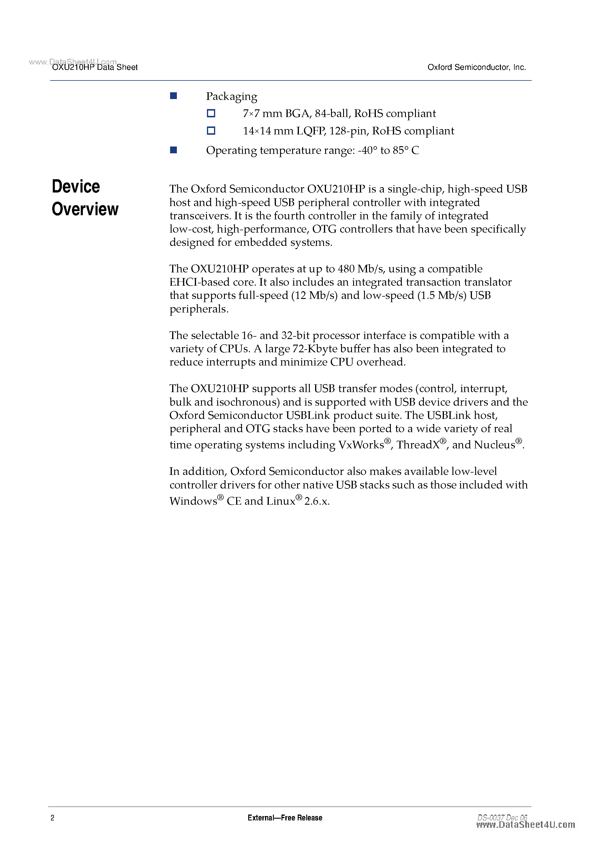 Datasheet OXU210HP - USB2.0 High Speed Peripheral and OTG Controller page 2