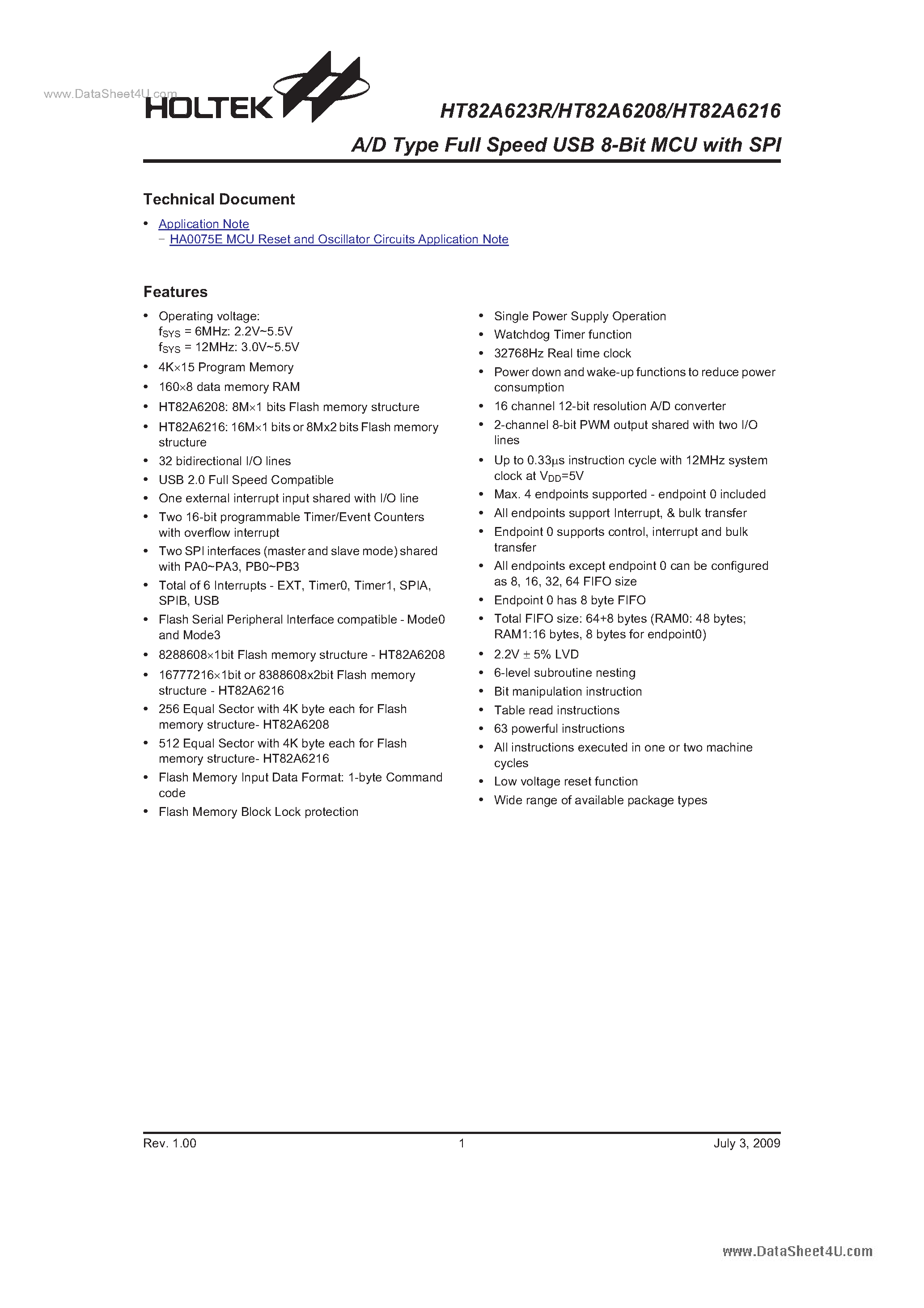 Даташит на микросхему HT82A6208 страница 1 Даташит HT82A6208 - A/D Type Full Speed USB 8-Bit MCU страница 1