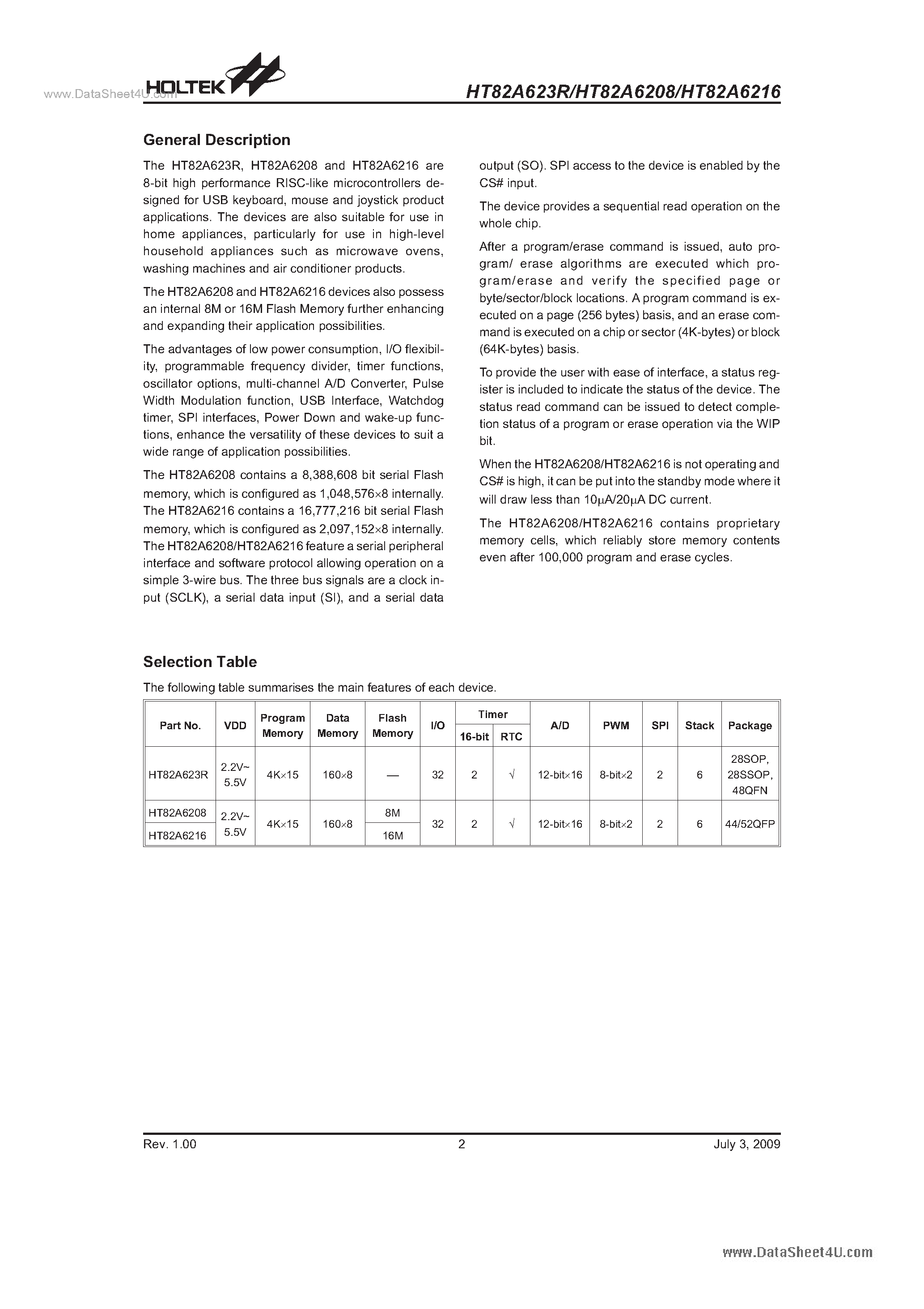 Даташит на микросхему HT82A6208 страница 2 Даташит HT82A6208 - A/D Type Full Speed USB 8-Bit MCU страница 2