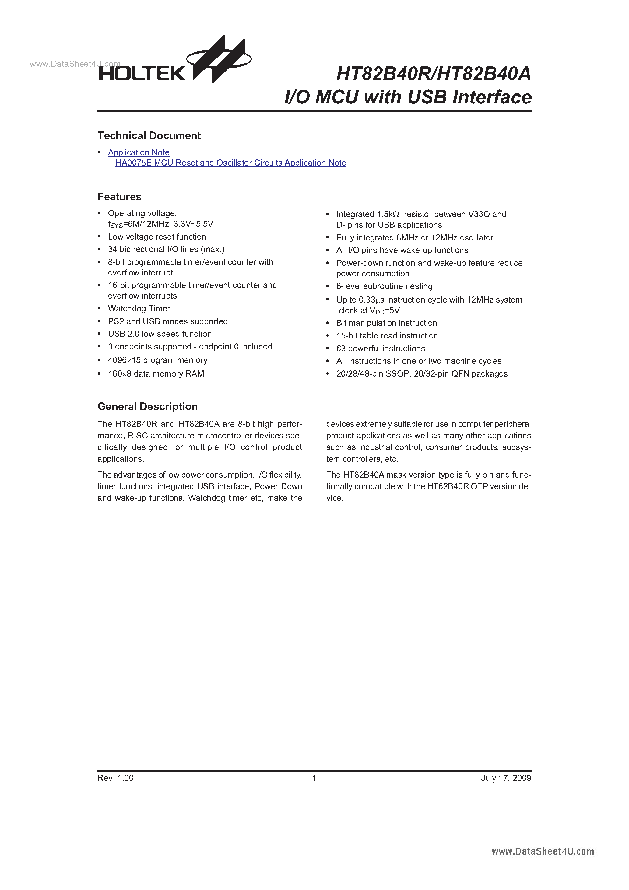 Datasheet HT82B40A page 1 Datasheet HT82B40A - I/O MCU page 1