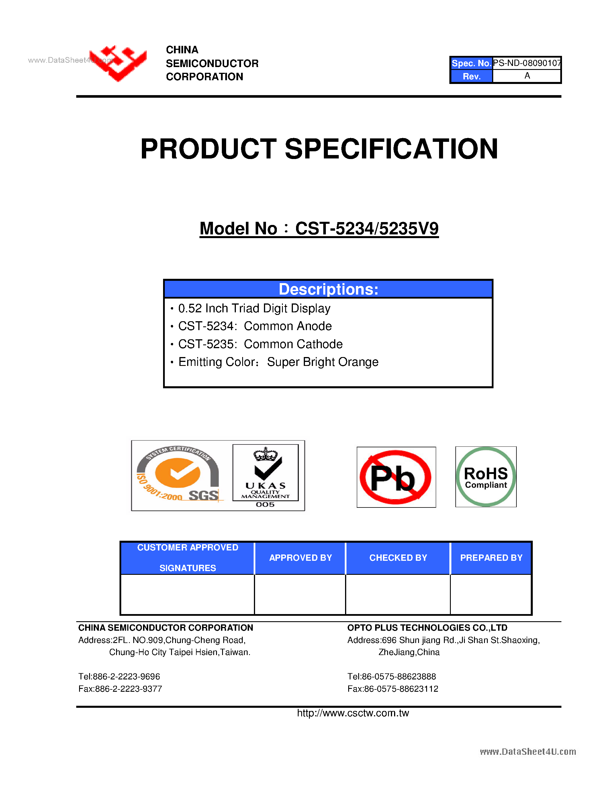 Datasheet CST-5234 - (CST-5234 / CST-5235V9) 0.52 Inch Triad Digit Display page 1
