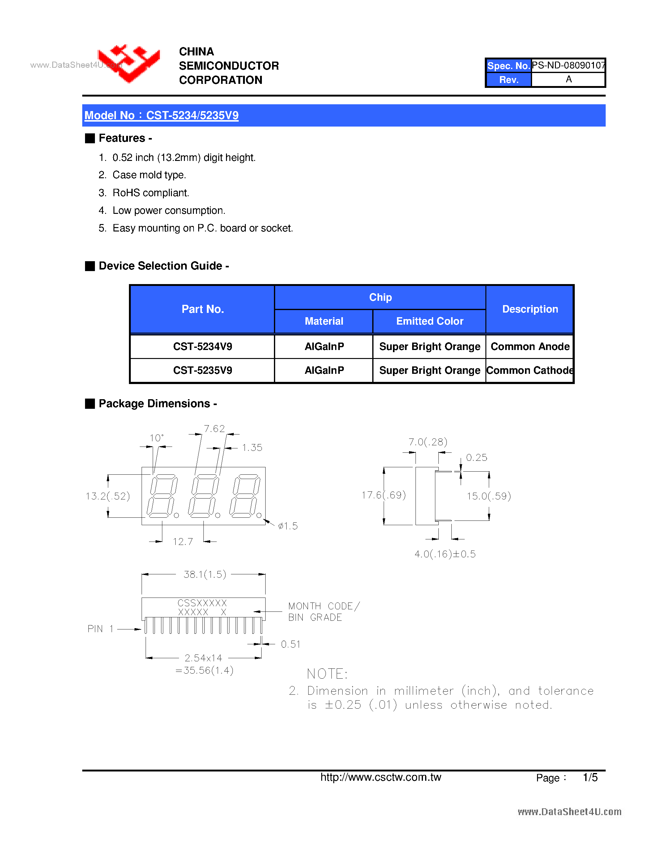 Datasheet CST-5234 - (CST-5234 / CST-5235V9) 0.52 Inch Triad Digit Display page 2