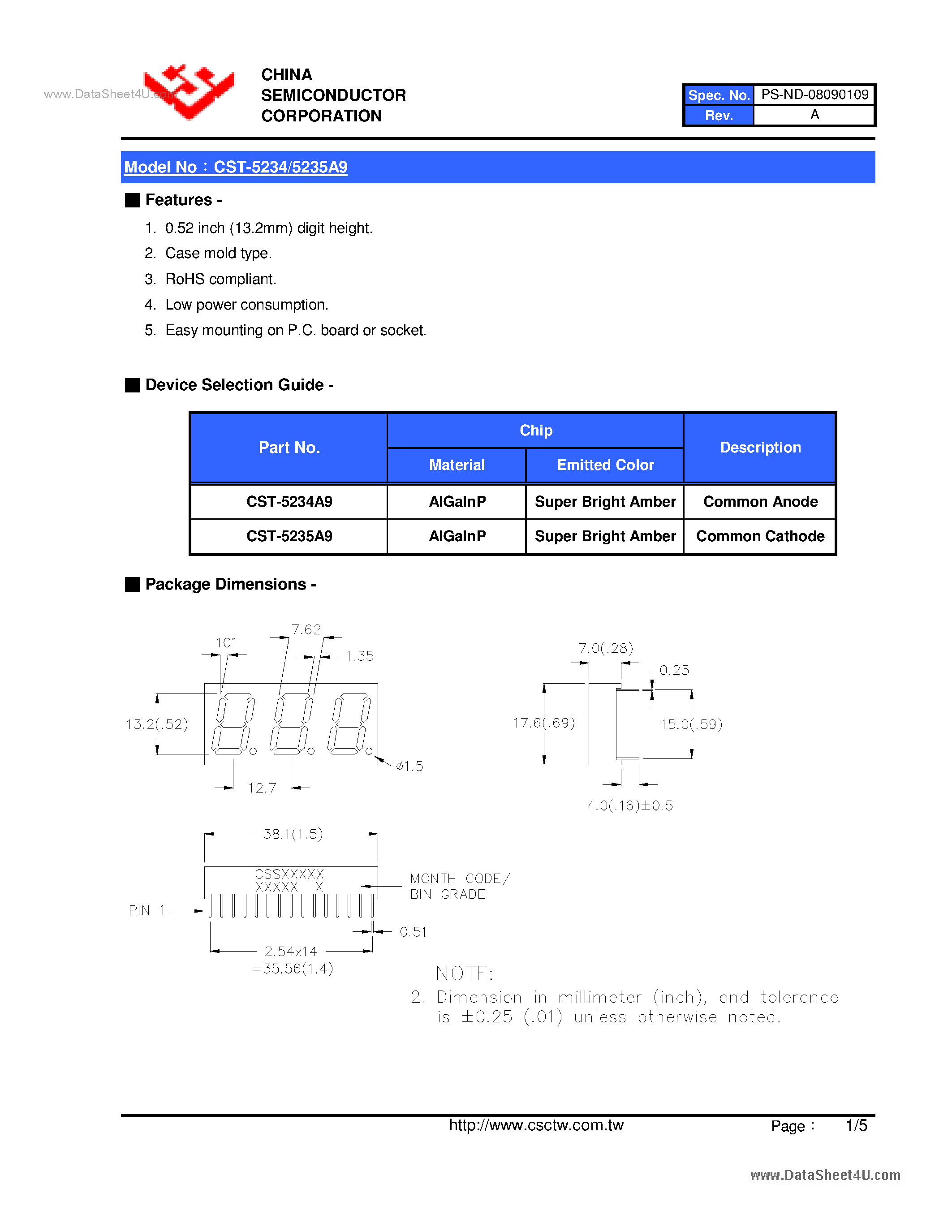 Datasheet CST-5234A9 page 2 Datasheet CST-5234A9 - (CST-5234A9 / CST-5235A9) 0.52 Inch Triad Digit Display page 2