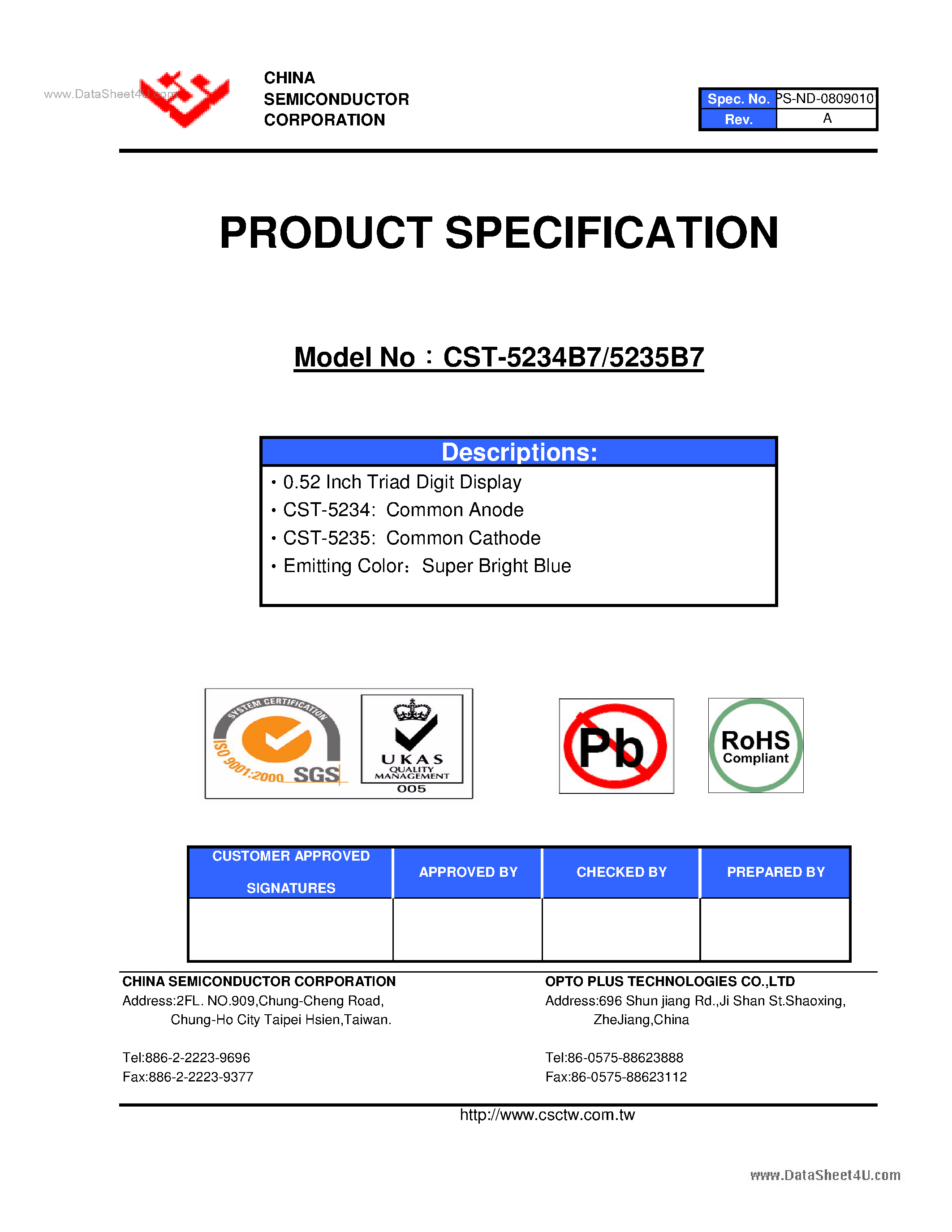 Datasheet CST-5234B7 page 1 Datasheet CST-5234B7 - (CST-5234B7 / CST-5235B7) 0.52 Inch Triad Digit Display page 1
