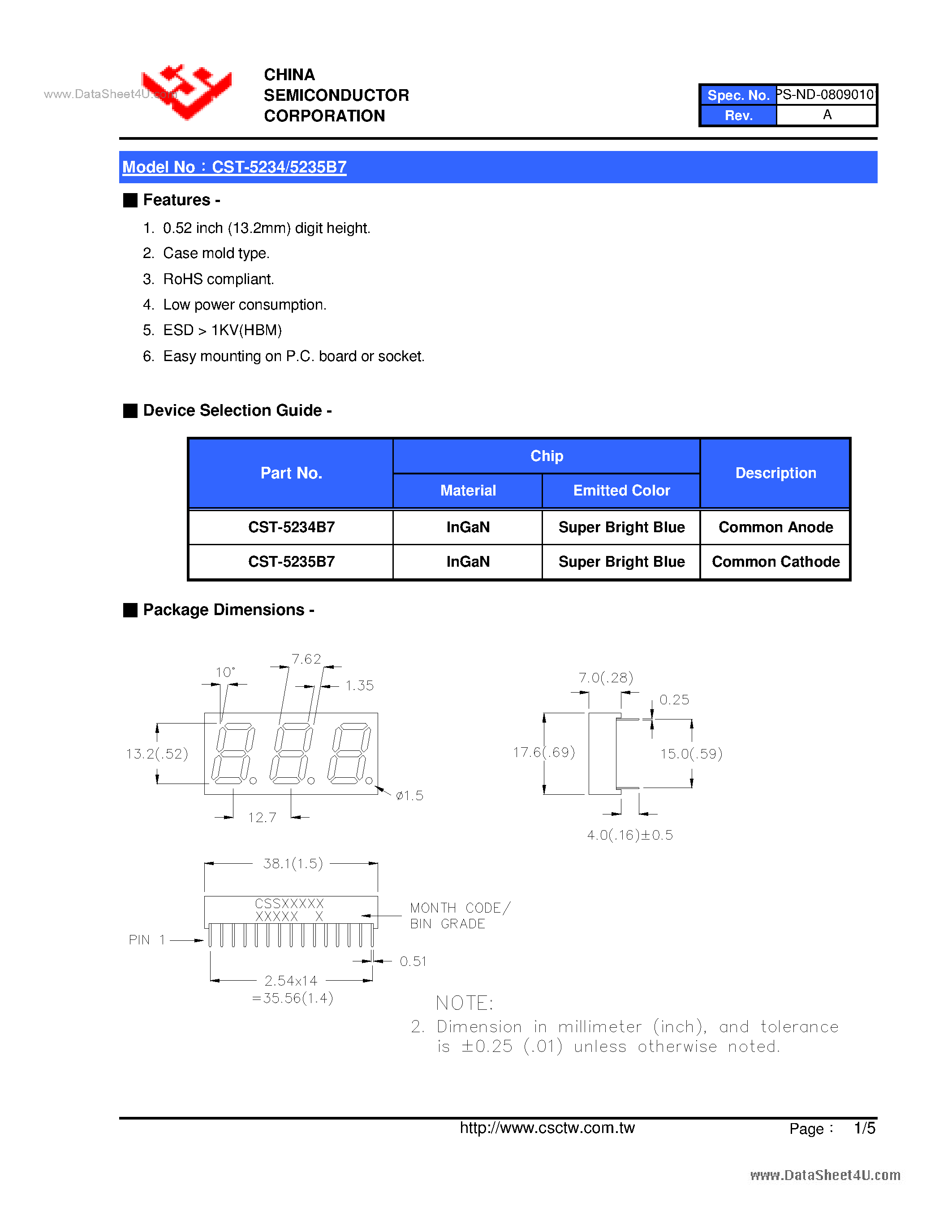 Datasheet CST-5234B7 page 2 Datasheet CST-5234B7 - (CST-5234B7 / CST-5235B7) 0.52 Inch Triad Digit Display page 2