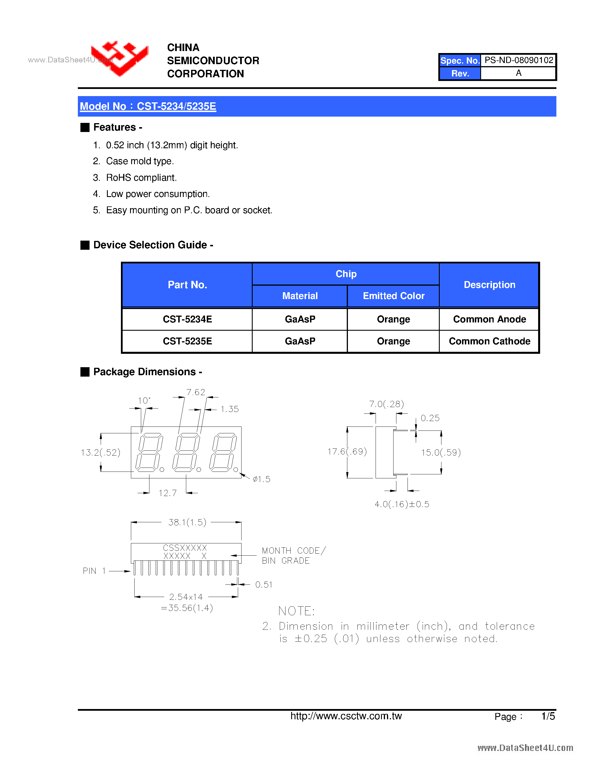 Datasheet CST-5234E page 2 Datasheet CST-5234E - (CST-5234E / CST-5235E) 0.52 Inch Triad Digit Display page 2